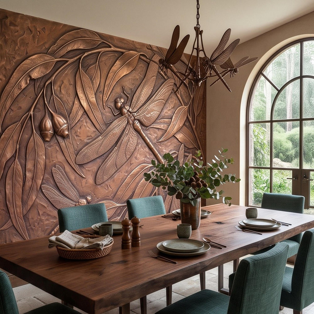 Dragonfly Peel and Stick Wall Mural, Embossed Botanical Nature Relief Dragonflies with Botanical Leaves Art Nouveau Wallpaper