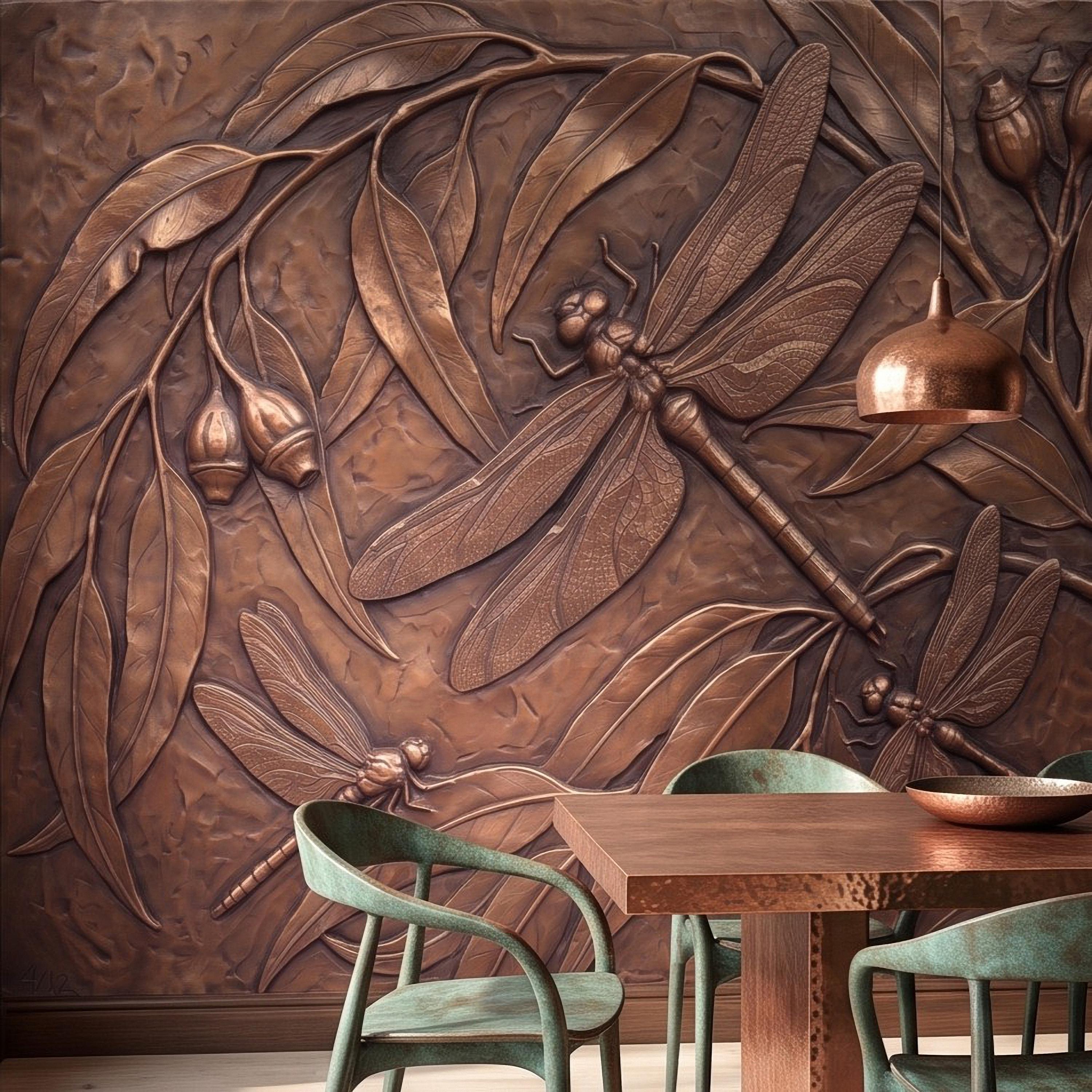 Dragonfly Peel and Stick Wall Mural, Embossed Botanical Nature Relief Dragonflies with Botanical Leaves Art Nouveau Wallpaper