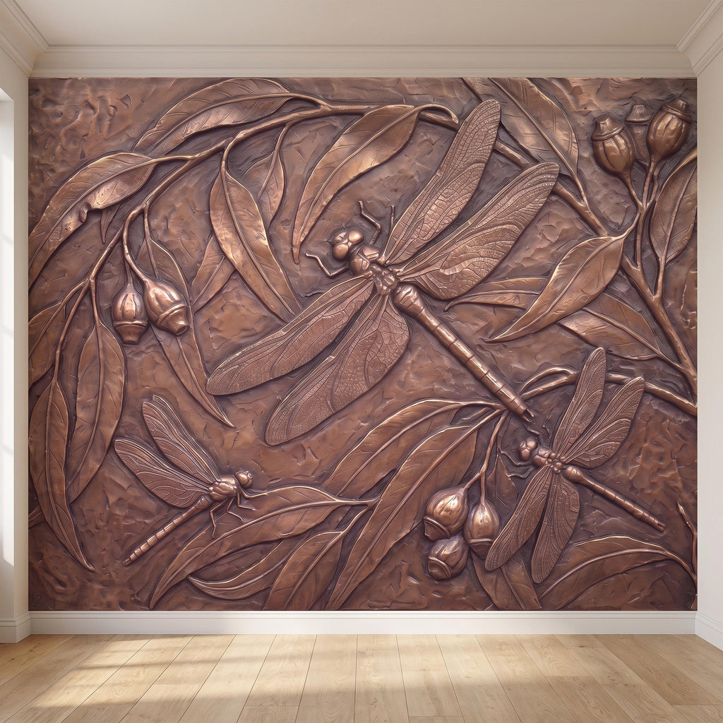 Dragonfly Peel and Stick Wall Mural, Embossed Botanical Nature Relief Dragonflies with Botanical Leaves Art Nouveau Wallpaper