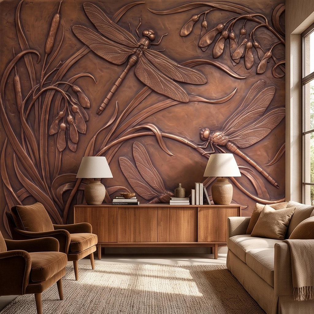 Dragonfly Peel and Stick Wall Mural, Embossed Botanical Nature Relief Dragonflies Among Reeds and Seed Pods Art Nouveau Wallpaper