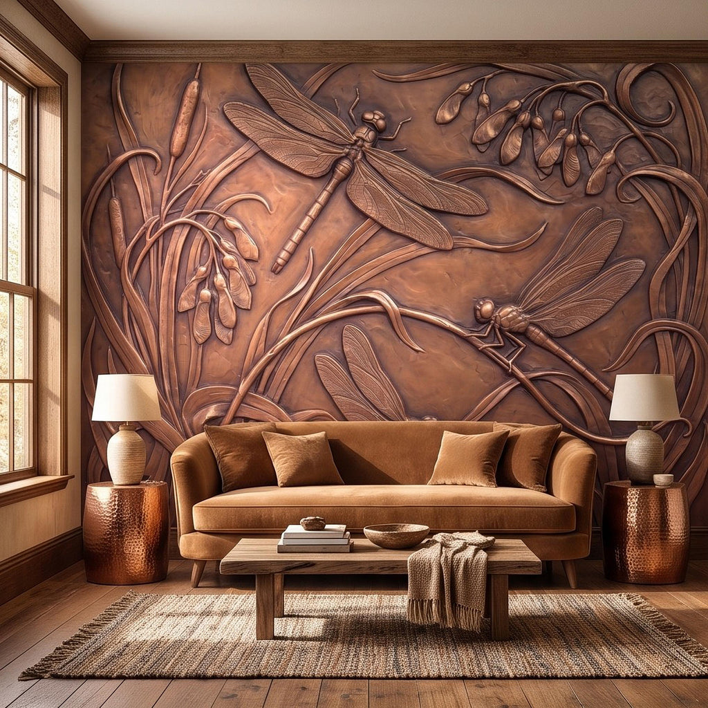 Dragonfly Peel and Stick Wall Mural, Embossed Botanical Nature Relief Dragonflies Among Reeds and Seed Pods Art Nouveau Wallpaper