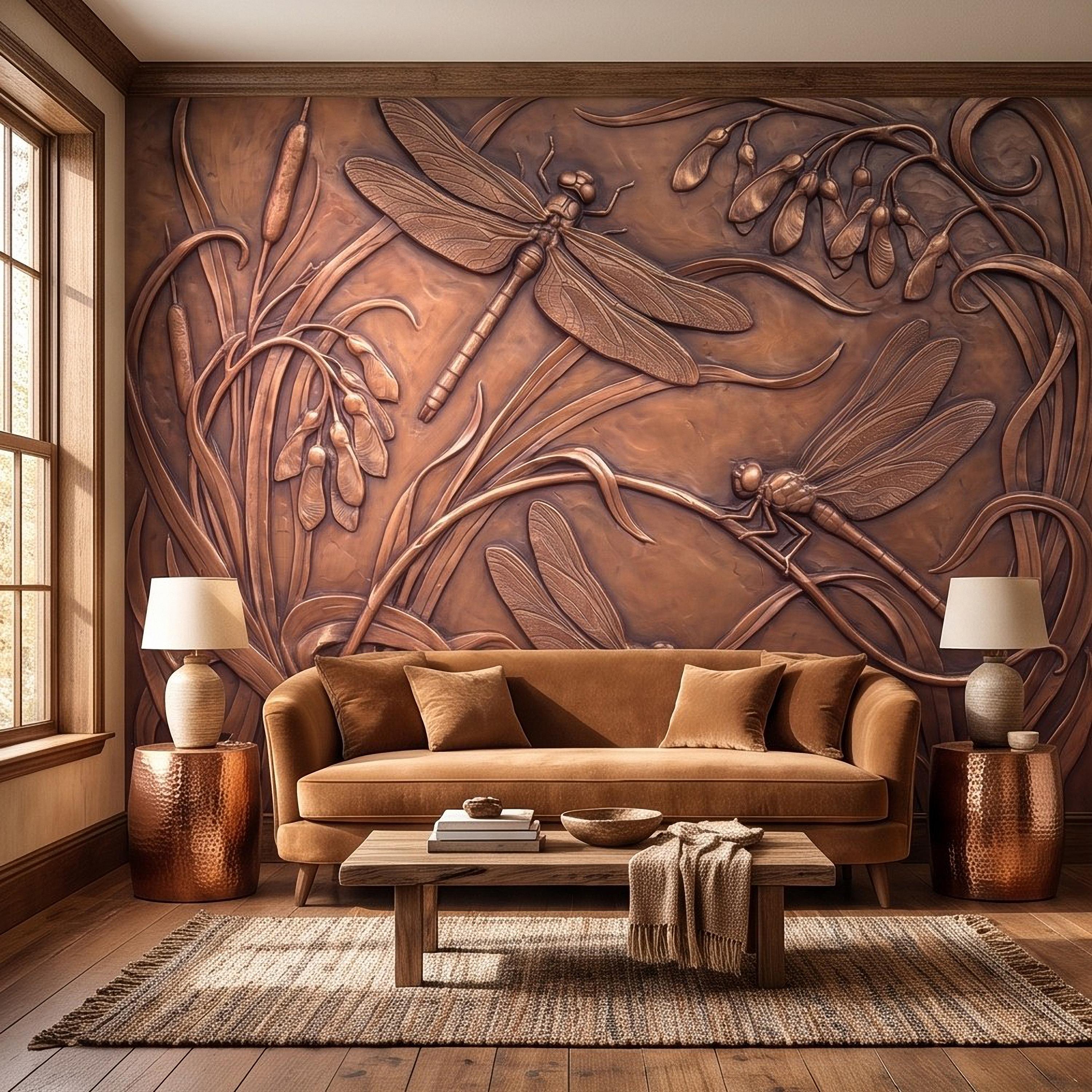 Dragonfly Peel and Stick Wall Mural, Embossed Botanical Nature Relief Dragonflies Among Reeds and Seed Pods Art Nouveau Wallpaper