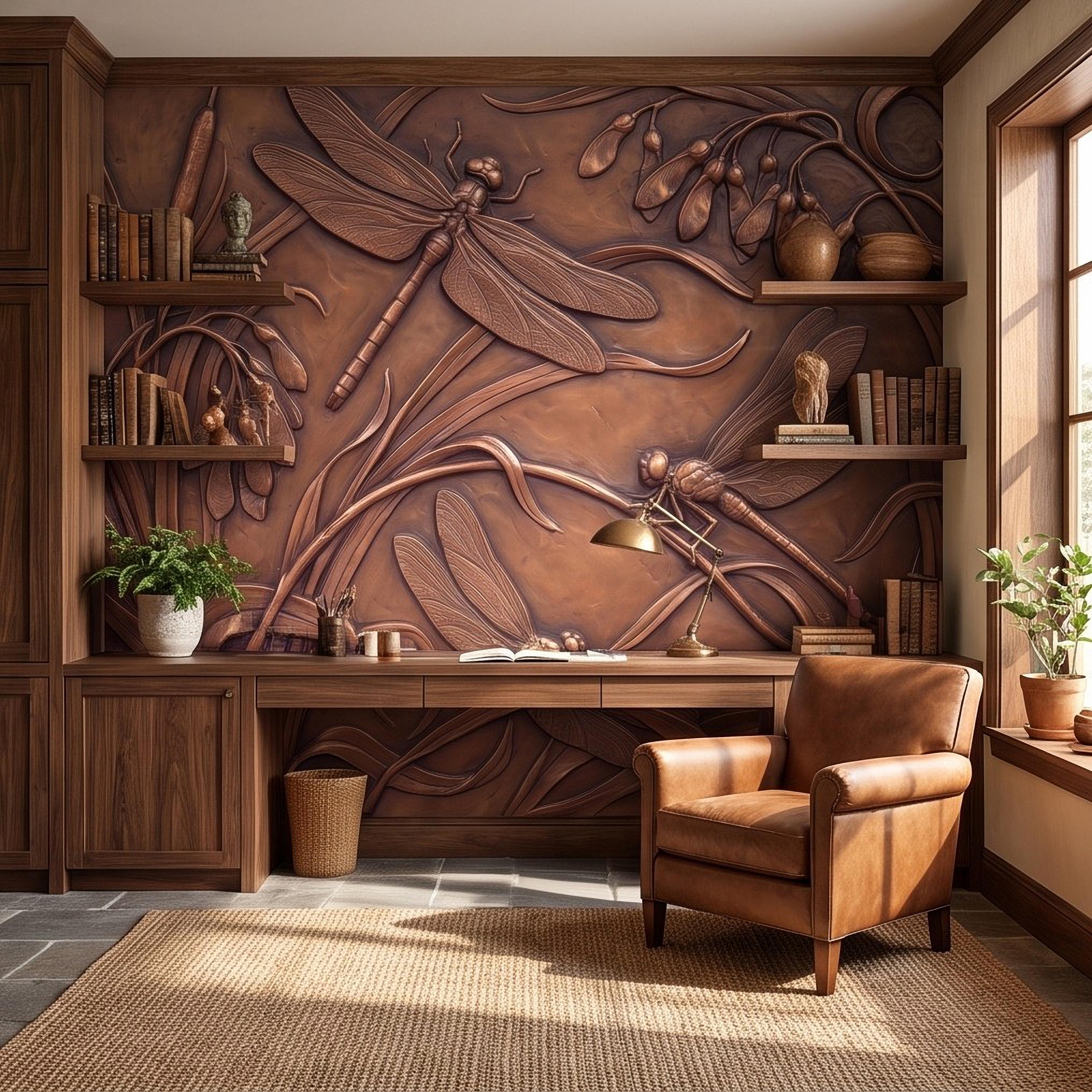 Dragonfly Peel and Stick Wall Mural, Embossed Botanical Nature Relief Dragonflies Among Reeds and Seed Pods Art Nouveau Wallpaper