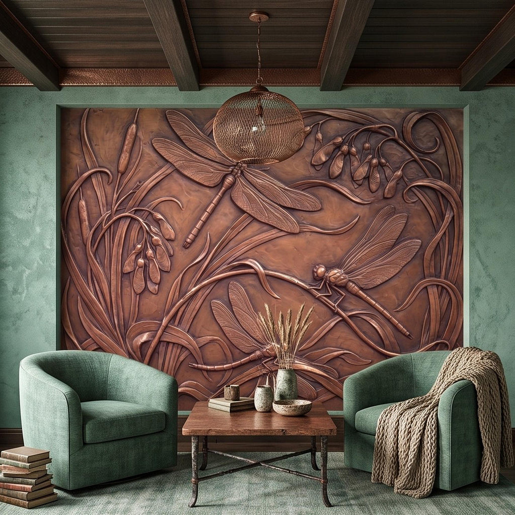 Dragonfly Peel and Stick Wall Mural, Embossed Botanical Nature Relief Dragonflies Among Reeds and Seed Pods Art Nouveau Wallpaper