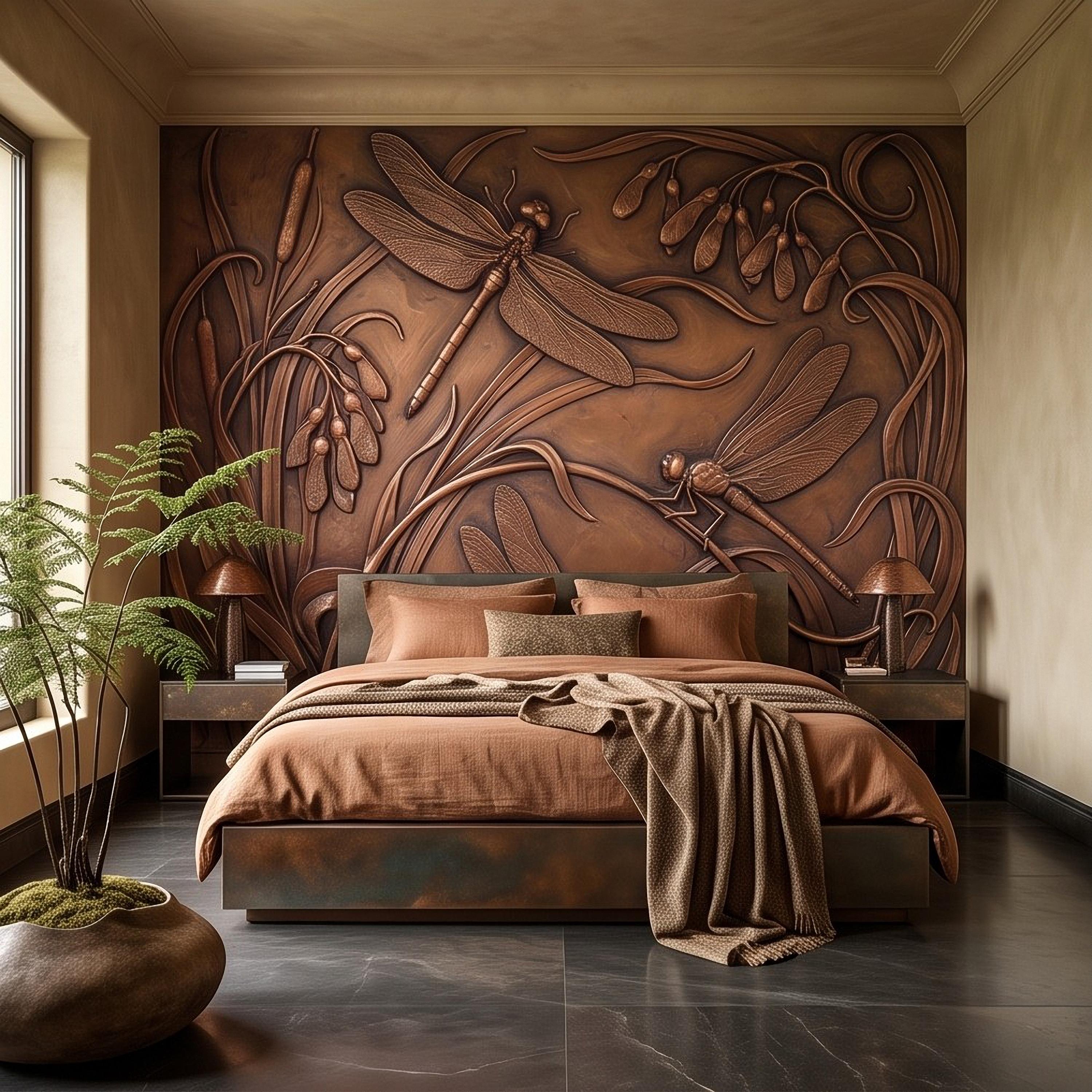 Dragonfly Peel and Stick Wall Mural, Embossed Botanical Nature Relief Dragonflies Among Reeds and Seed Pods Art Nouveau Wallpaper