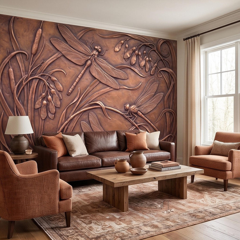 Dragonfly Peel and Stick Wall Mural, Embossed Botanical Nature Relief Dragonflies Among Reeds and Seed Pods Art Nouveau Wallpaper
