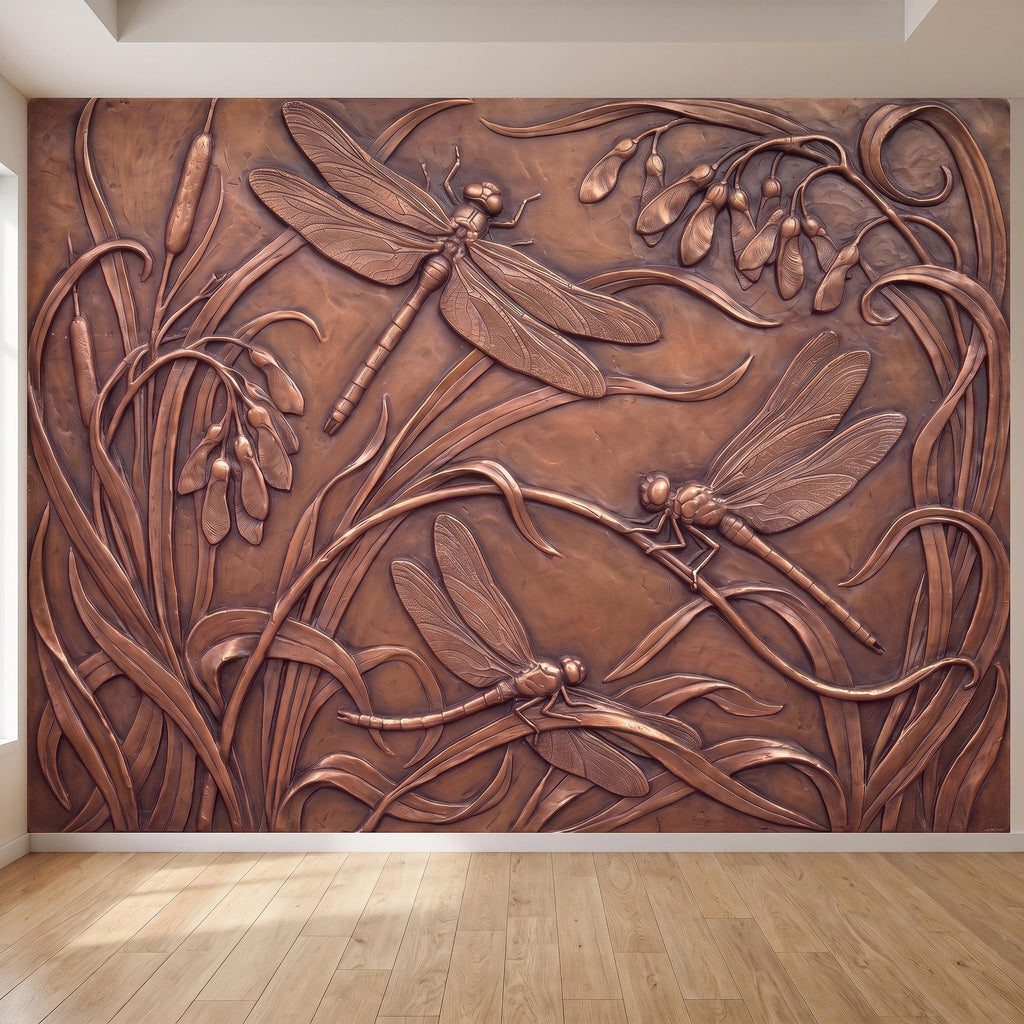 Dragonfly Peel and Stick Wall Mural, Embossed Botanical Nature Relief Dragonflies Among Reeds and Seed Pods Art Nouveau Wallpaper