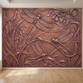 Dragonfly Peel and Stick Wall Mural, Embossed Botanical Nature Relief Dragonflies Among Reeds and Seed Pods Art Nouveau Wallpaper
