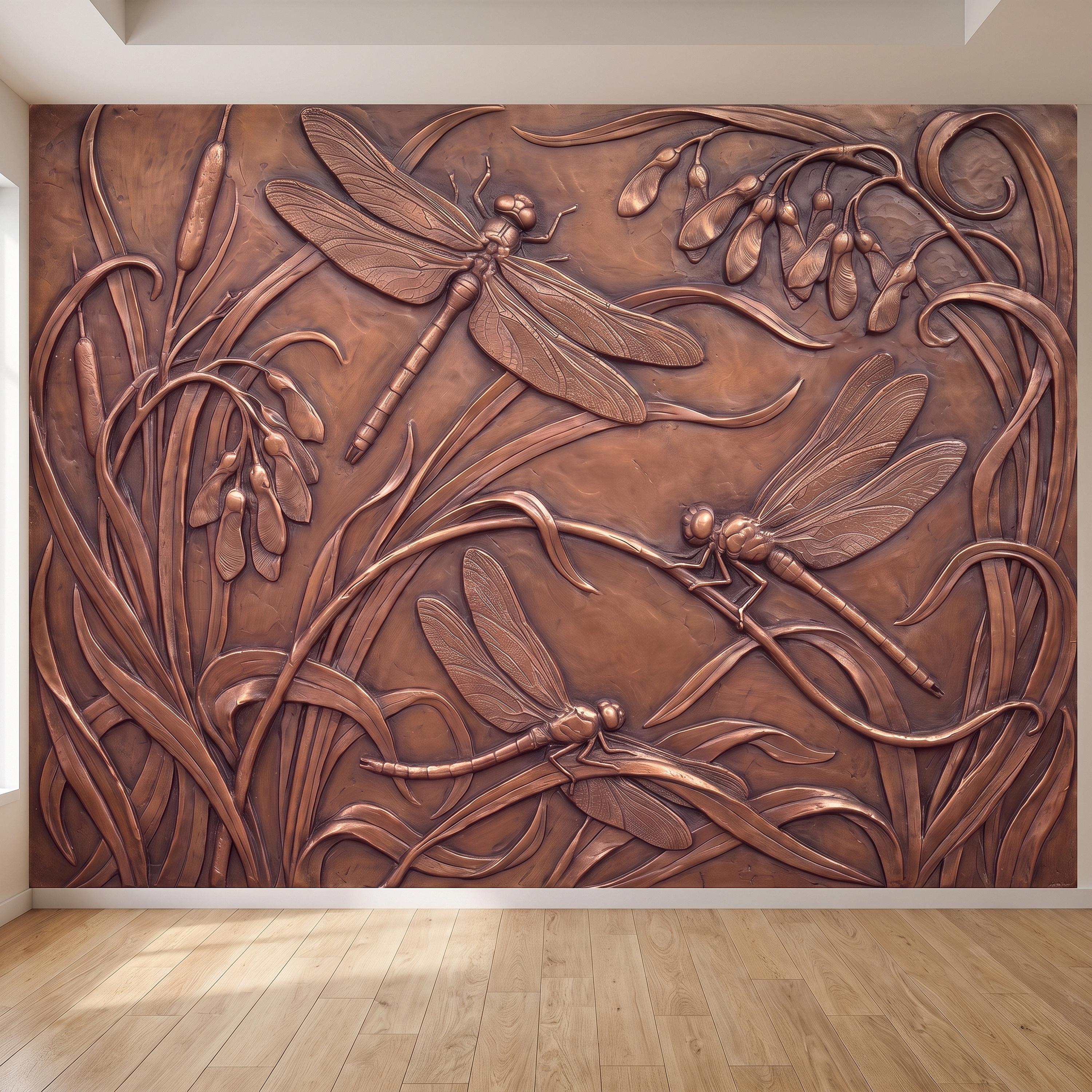 Dragonfly Peel and Stick Wall Mural, Embossed Botanical Nature Relief Dragonflies Among Reeds and Seed Pods Art Nouveau Wallpaper
