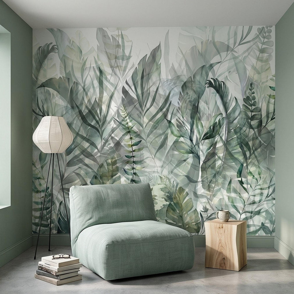 Watercolor Tropical Botanical Peel and Stick Wall Mural, Misty Green Jungle Leaves Soft Nature Wallpaper