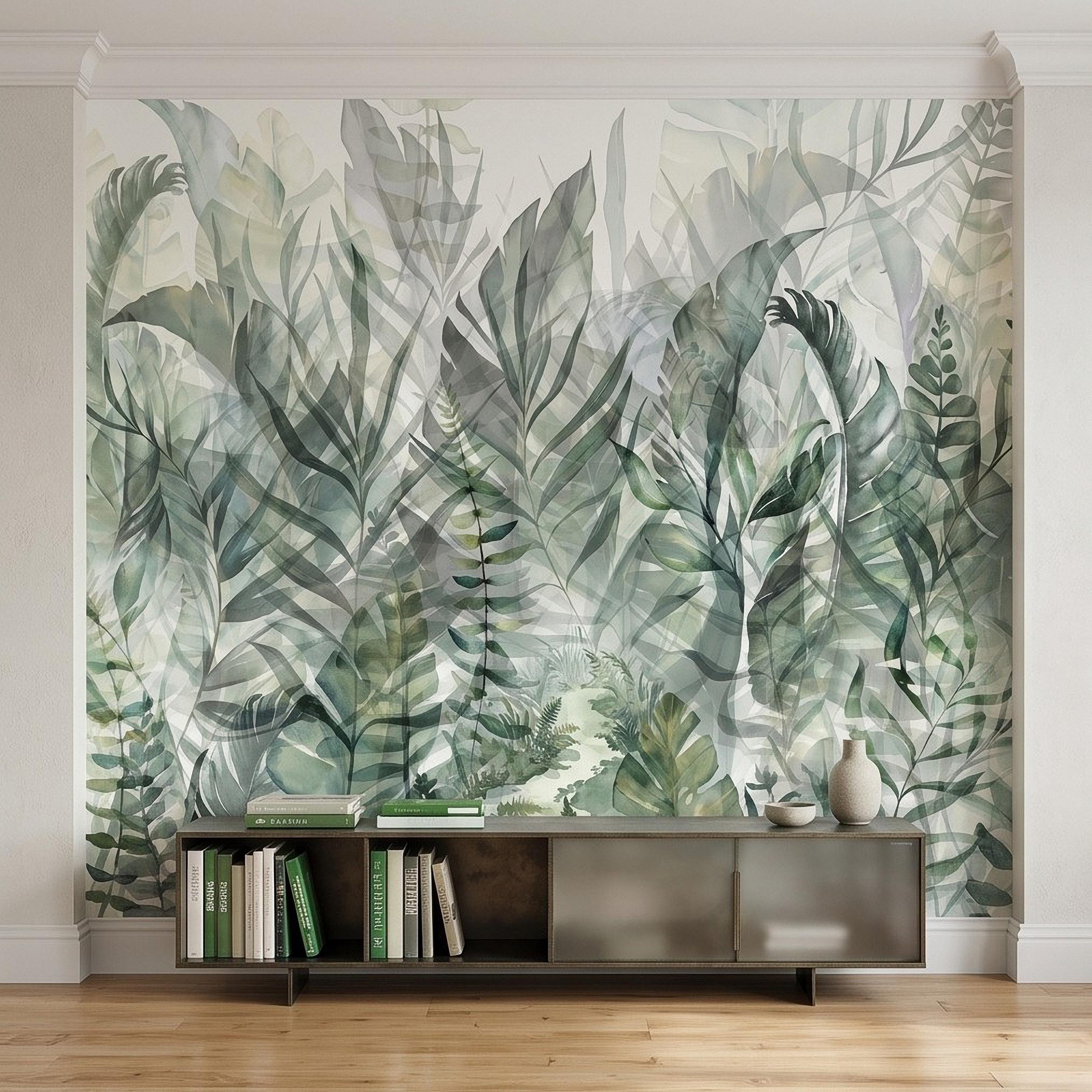 Watercolor Tropical Botanical Peel and Stick Wall Mural, Misty Green Jungle Leaves Soft Nature Wallpaper