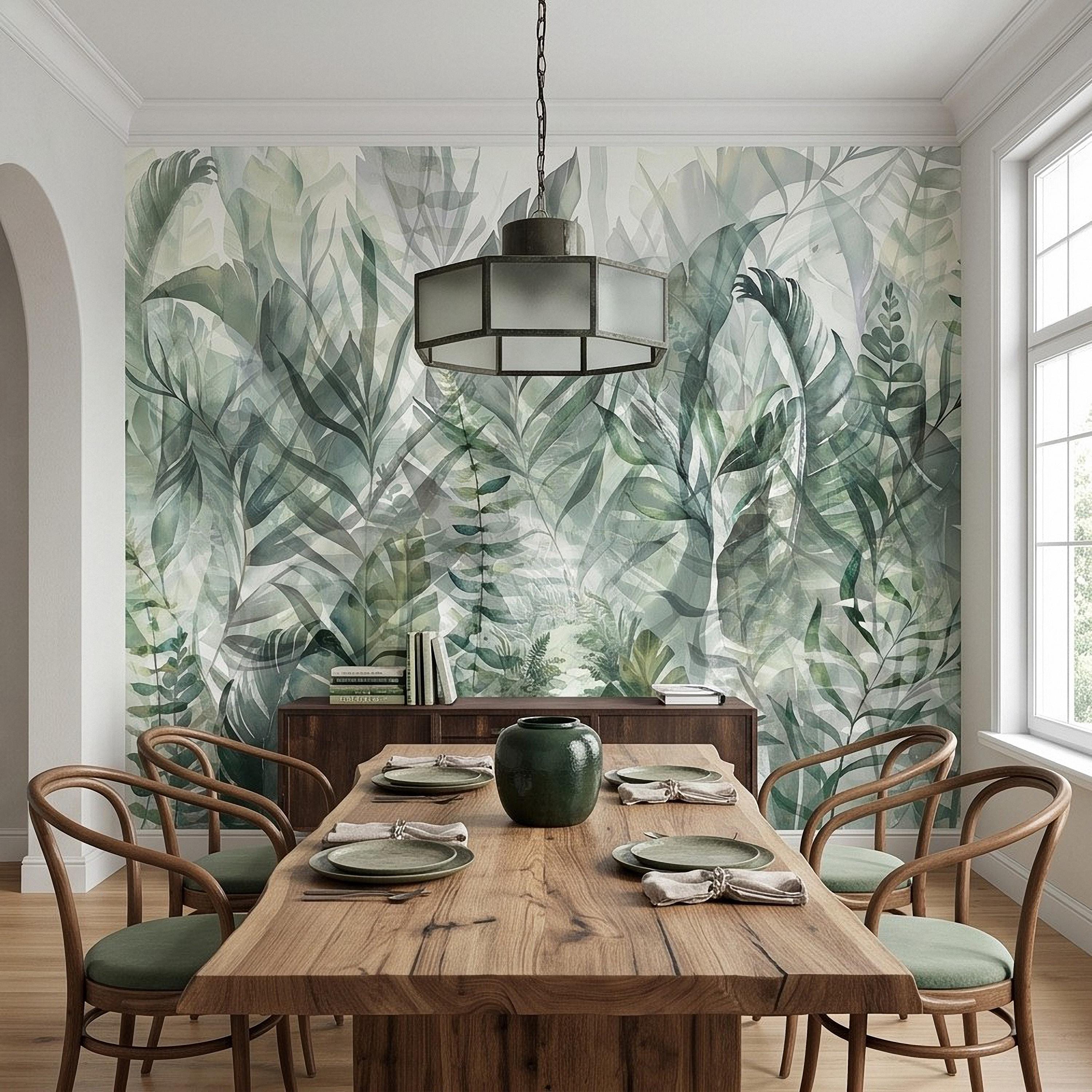 Watercolor Tropical Botanical Peel and Stick Wall Mural, Misty Green Jungle Leaves Soft Nature Wallpaper