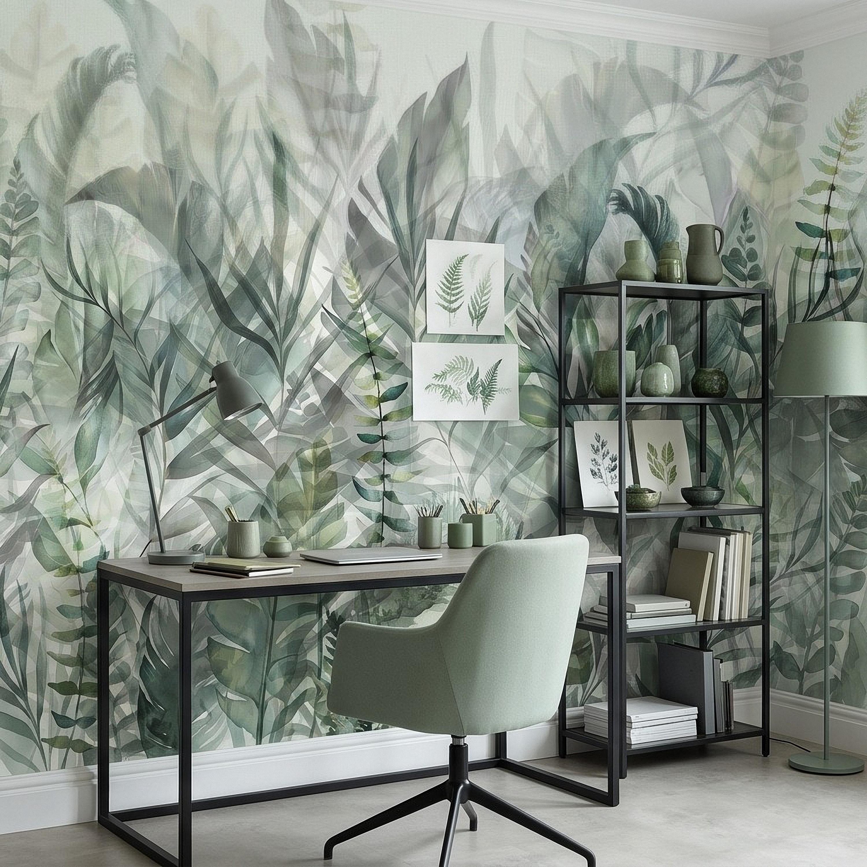 Watercolor Tropical Botanical Peel and Stick Wall Mural, Misty Green Jungle Leaves Soft Nature Wallpaper