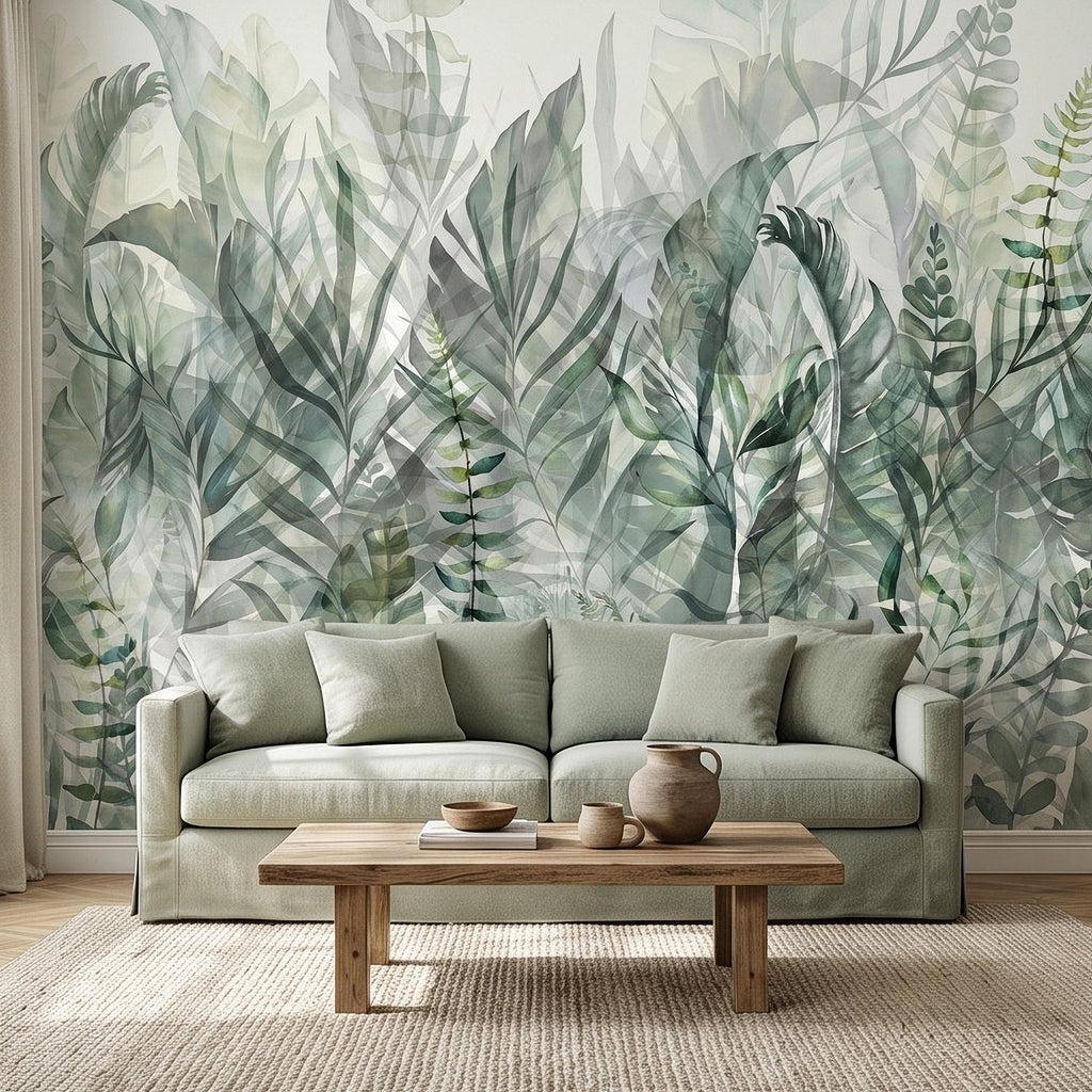 Watercolor Tropical Botanical Peel and Stick Wall Mural, Misty Green Jungle Leaves Soft Nature Wallpaper