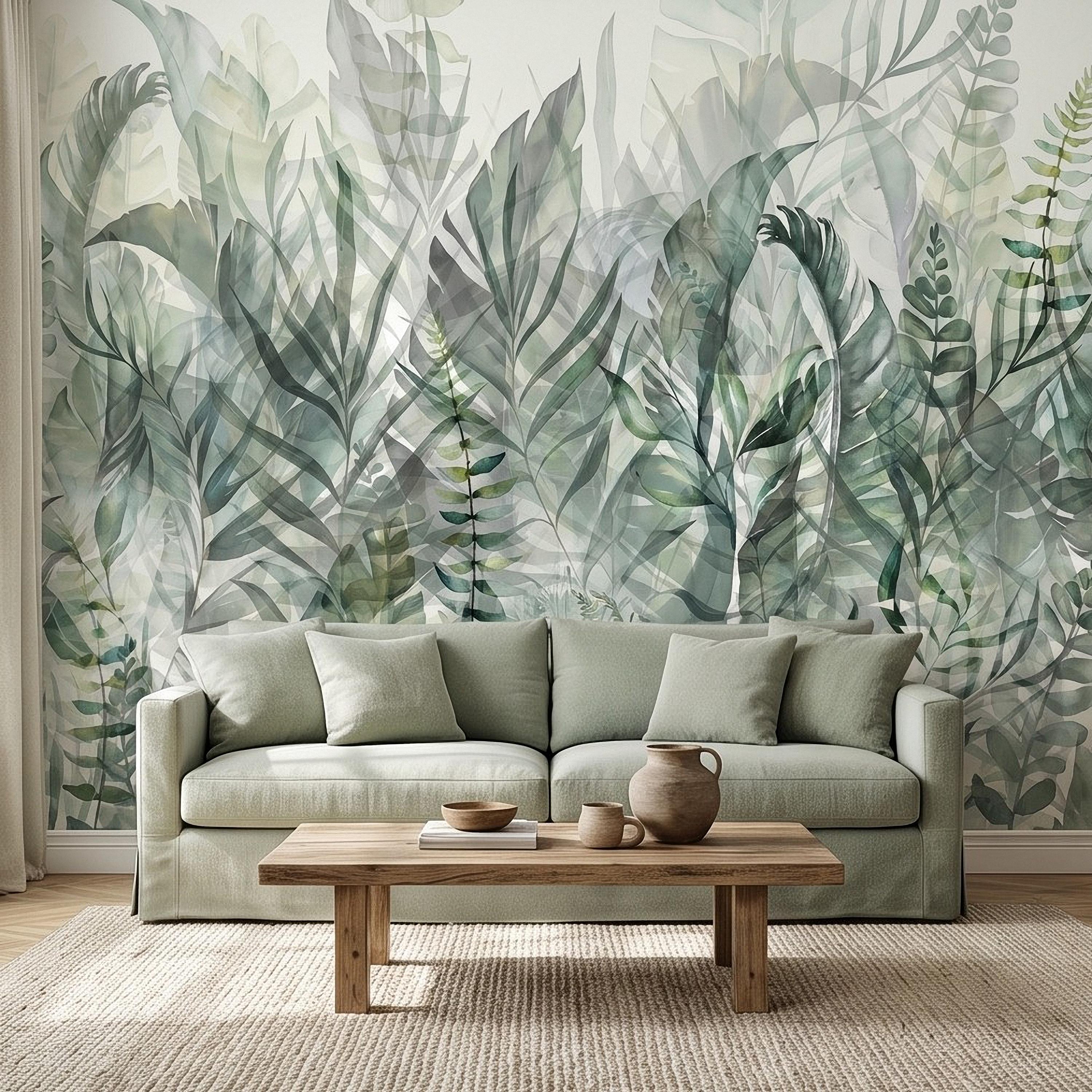 Watercolor Tropical Botanical Peel and Stick Wall Mural, Misty Green Jungle Leaves Soft Nature Wallpaper