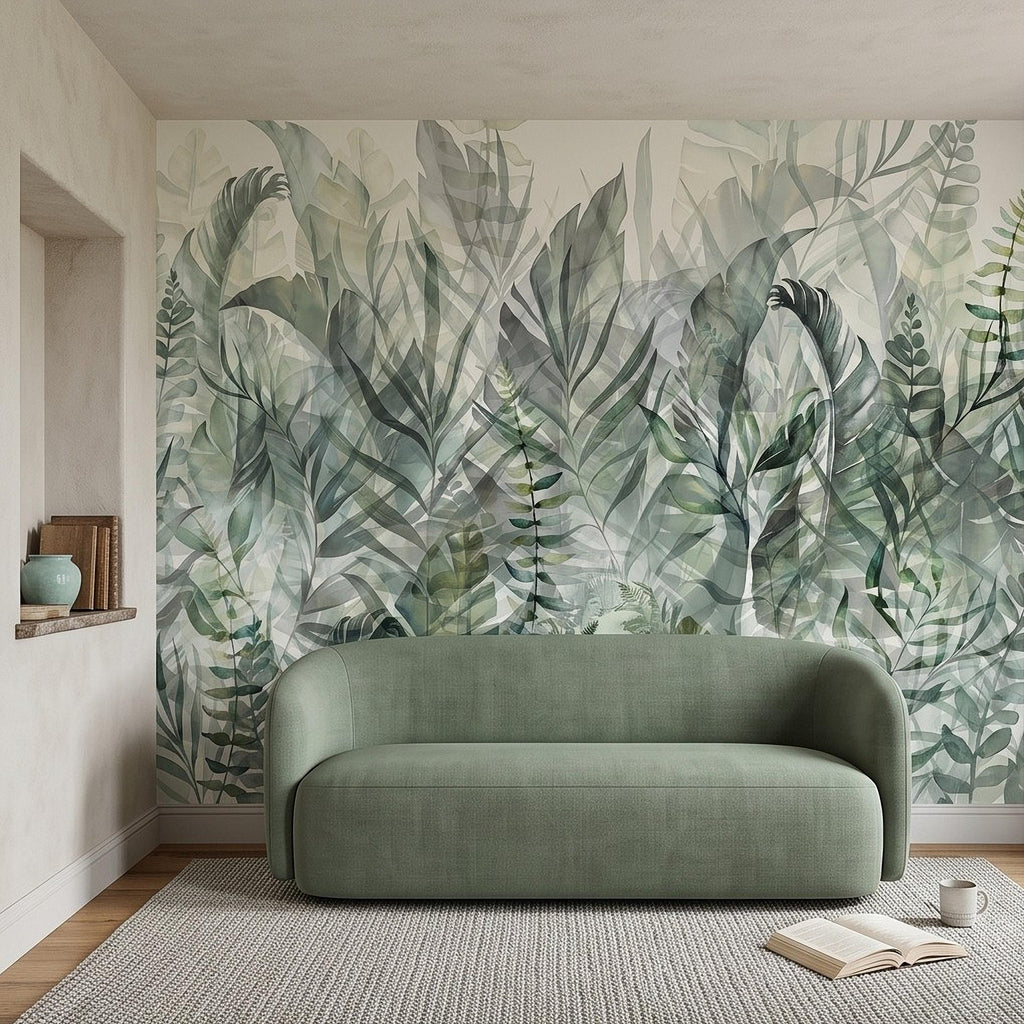 Watercolor Tropical Botanical Peel and Stick Wall Mural, Misty Green Jungle Leaves Soft Nature Wallpaper