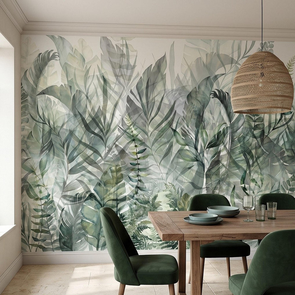 Watercolor Tropical Botanical Peel and Stick Wall Mural, Misty Green Jungle Leaves Soft Nature Wallpaper