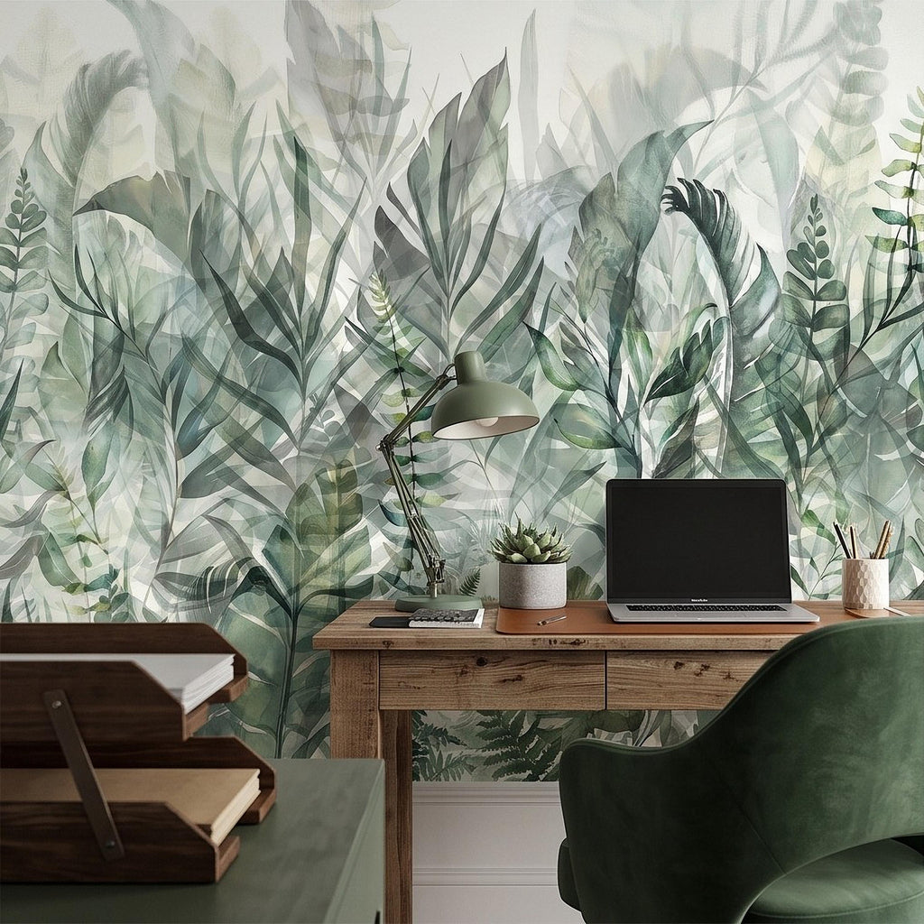 Watercolor Tropical Botanical Peel and Stick Wall Mural, Misty Green Jungle Leaves Soft Nature Wallpaper