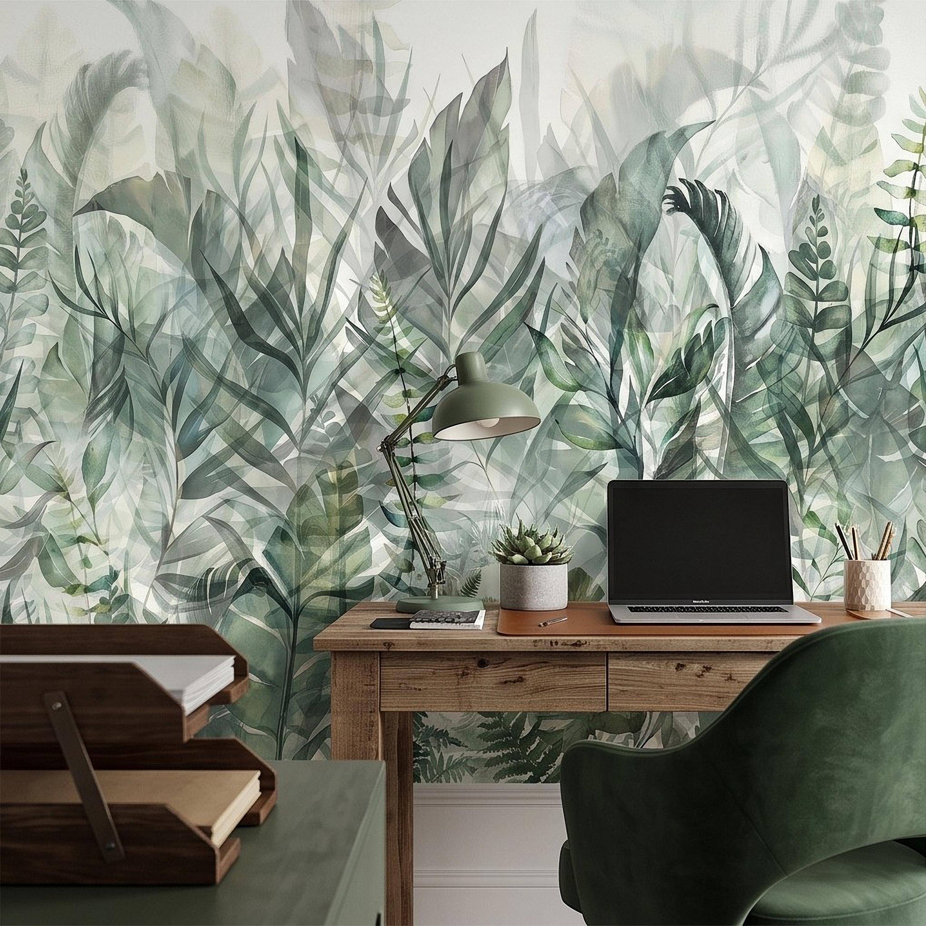 Watercolor Tropical Botanical Peel and Stick Wall Mural, Misty Green Jungle Leaves Soft Nature Wallpaper