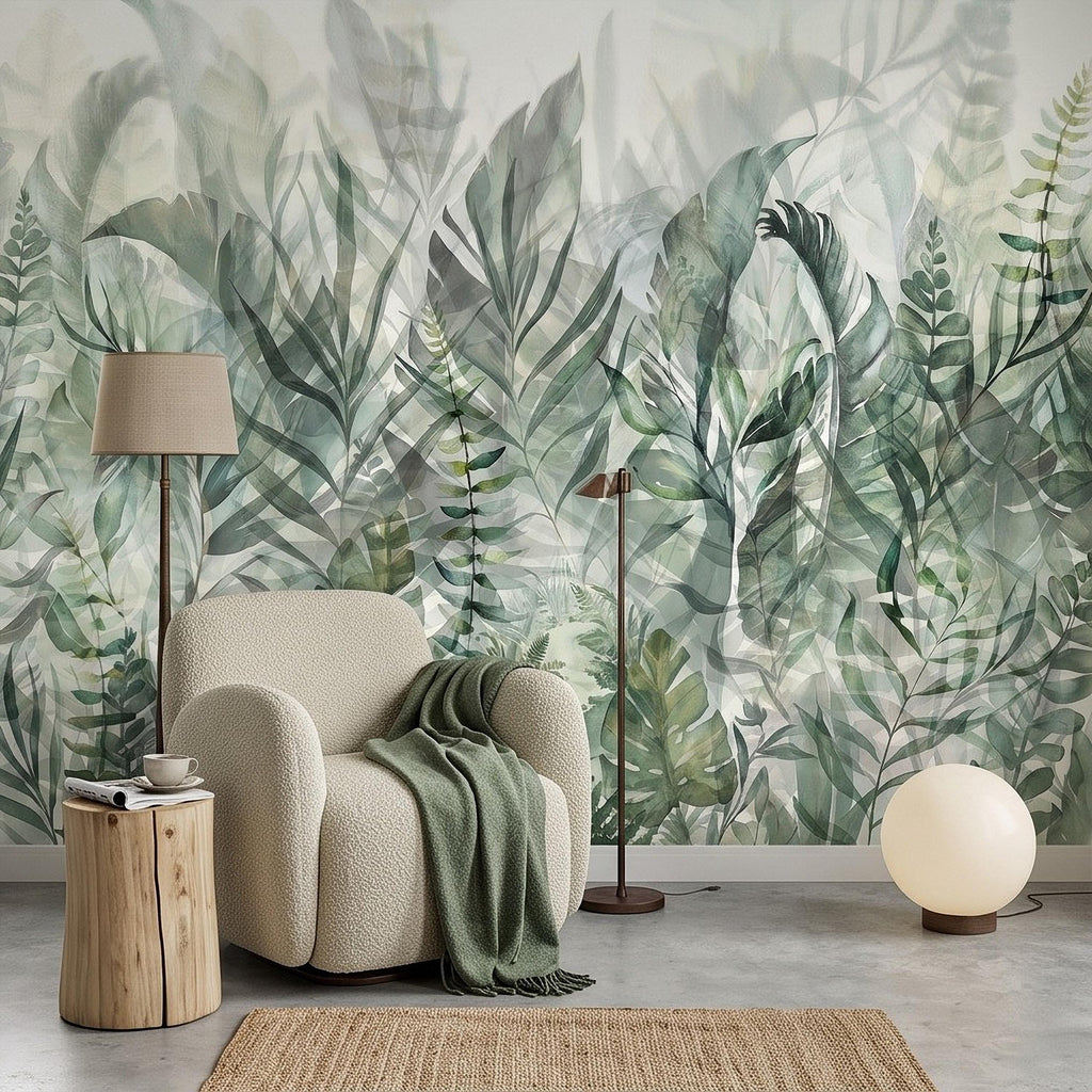 Watercolor Tropical Botanical Peel and Stick Wall Mural, Misty Green Jungle Leaves Soft Nature Wallpaper