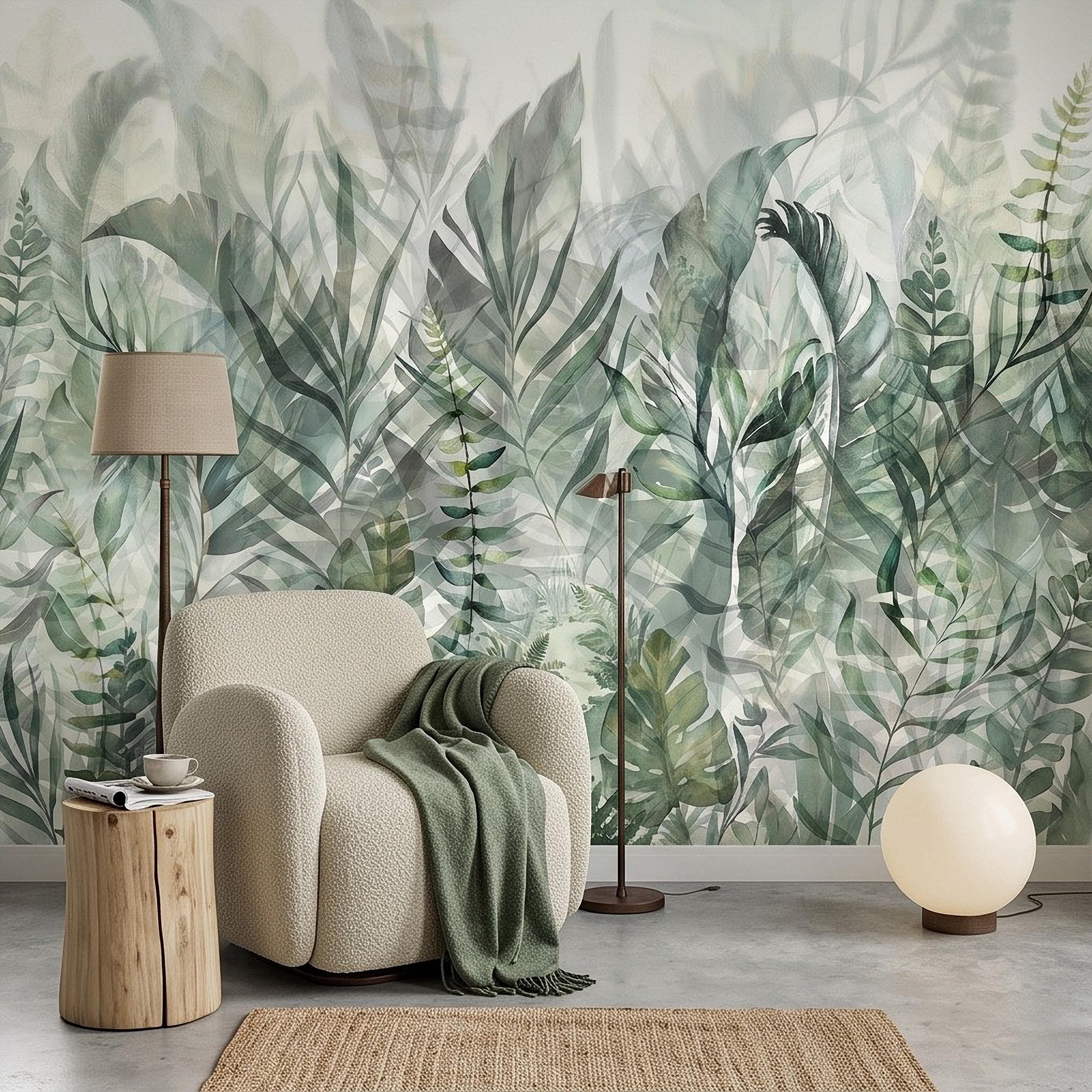 Watercolor Tropical Botanical Peel and Stick Wall Mural, Misty Green Jungle Leaves Soft Nature Wallpaper