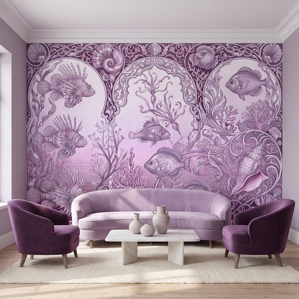 Purple ocean life wall mural with coral reef fish and seashell details behind a sofa and chairs