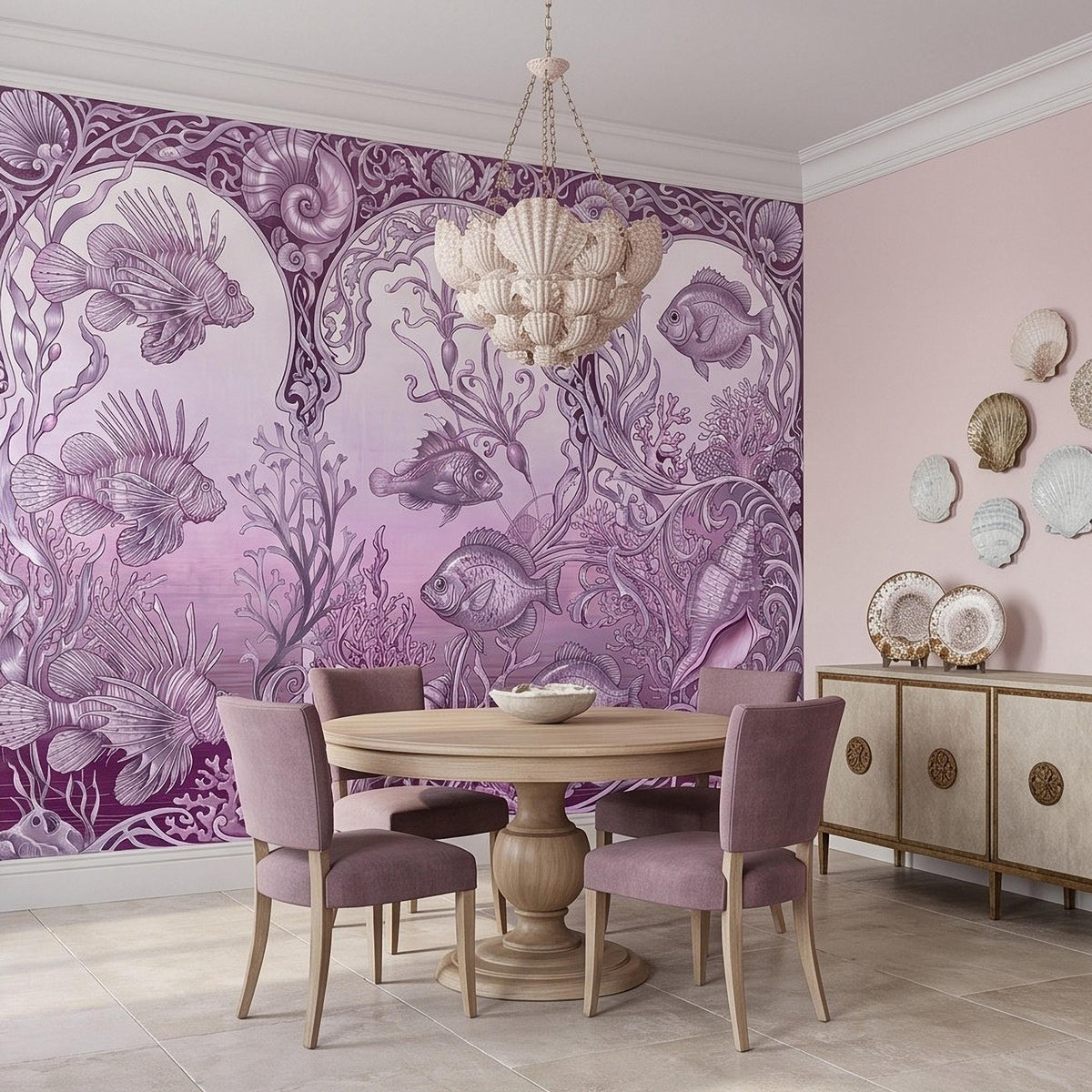 Purple underwater mural with fish, coral, and seashell motifs on the dining room accent wall