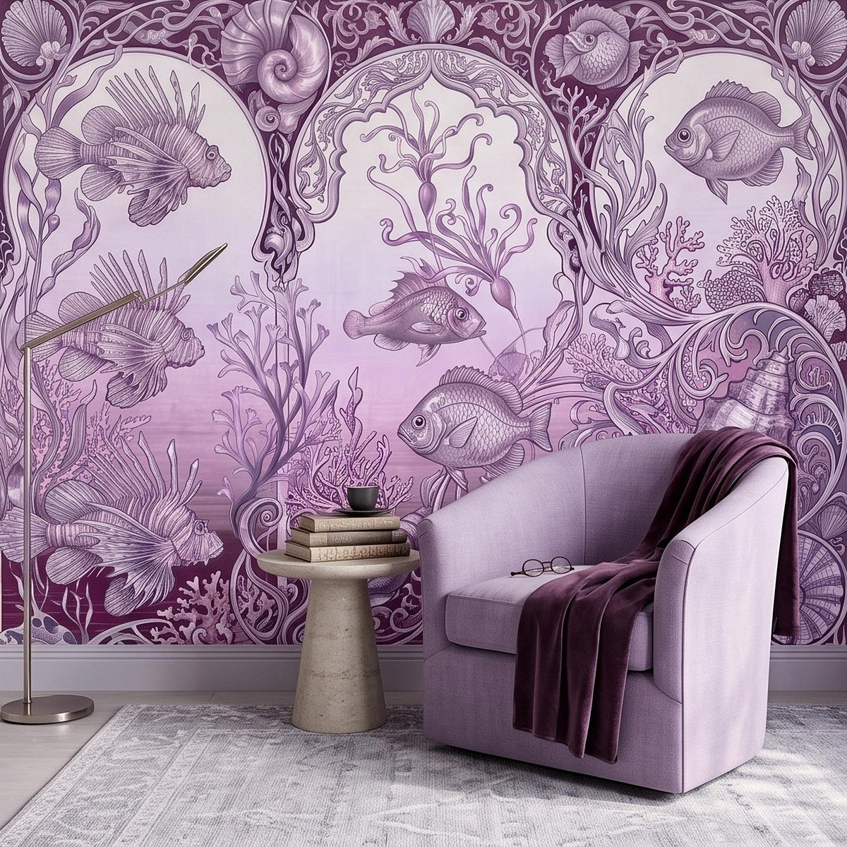 Purple vintage coral reef wall mural featuring fish, seashells, and ornamental scrollwork