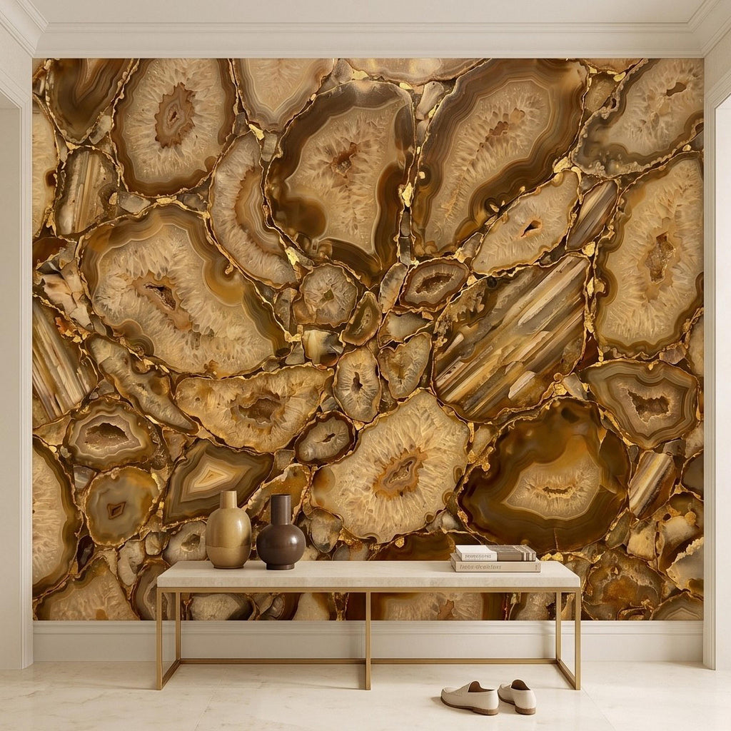 Agate Geode Peel and Stick Wall Mural, Natural Stone Slice Mosaic Crystalline Mineral Formation Wallpaper