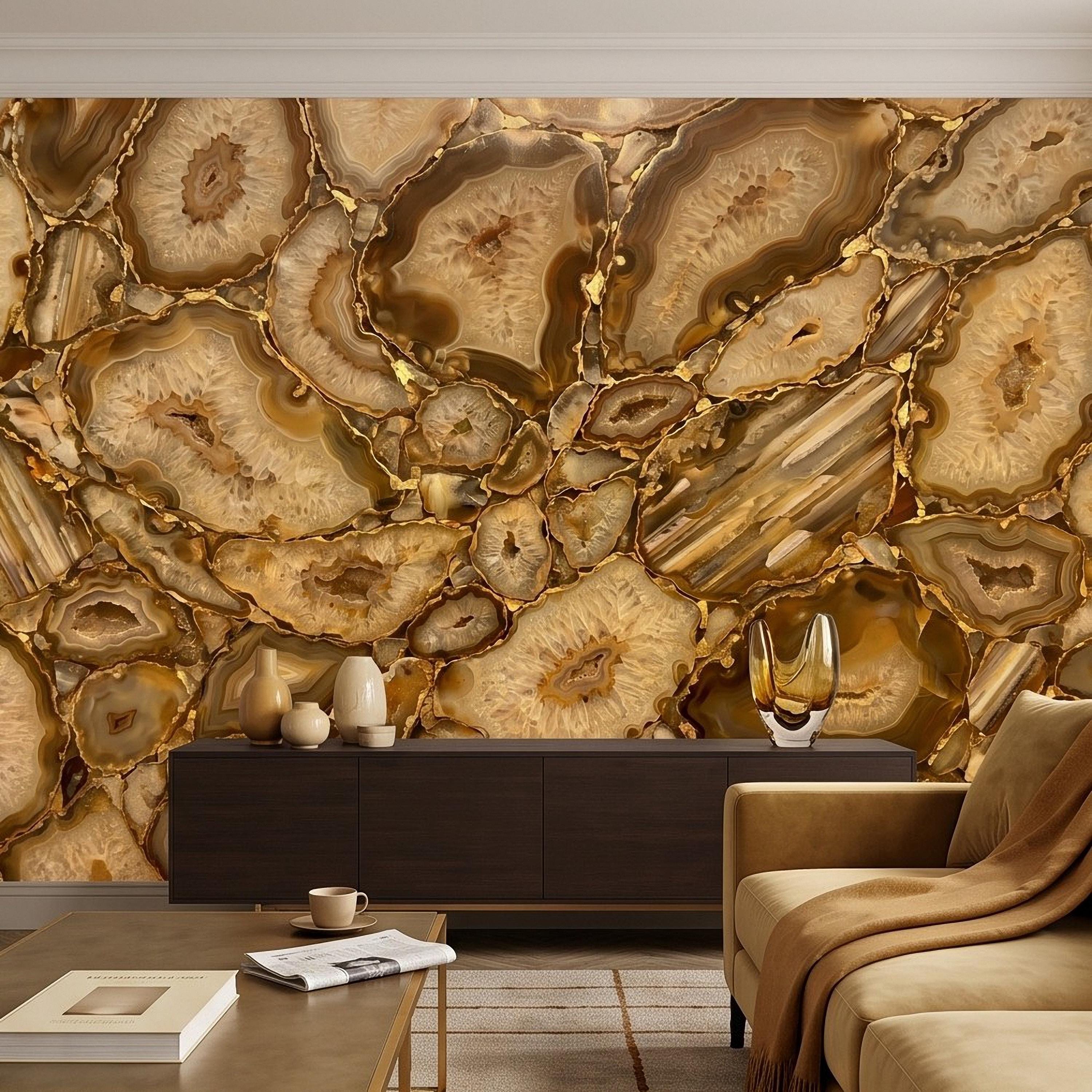 Agate Geode Peel and Stick Wall Mural, Natural Stone Slice Mosaic Crystalline Mineral Formation Wallpaper