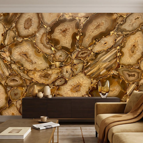 Agate geode stone slice wall mural with beige rock faces and gold vein details