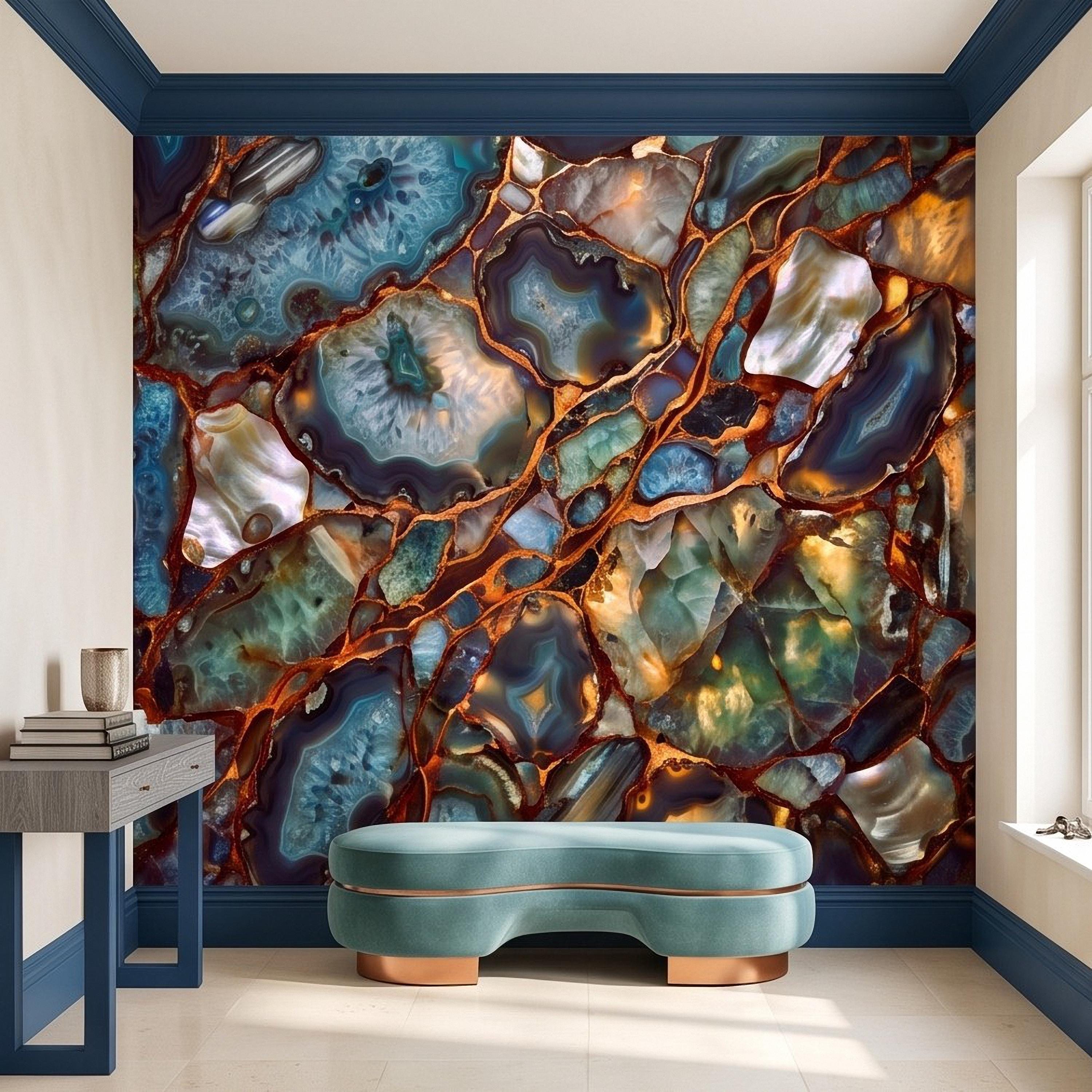 Blue Agate Geode Peel and Stick Wall Mural, Natural Stone Slice Mosaic Crystalline Mineral with Copper Veins Wallpaper