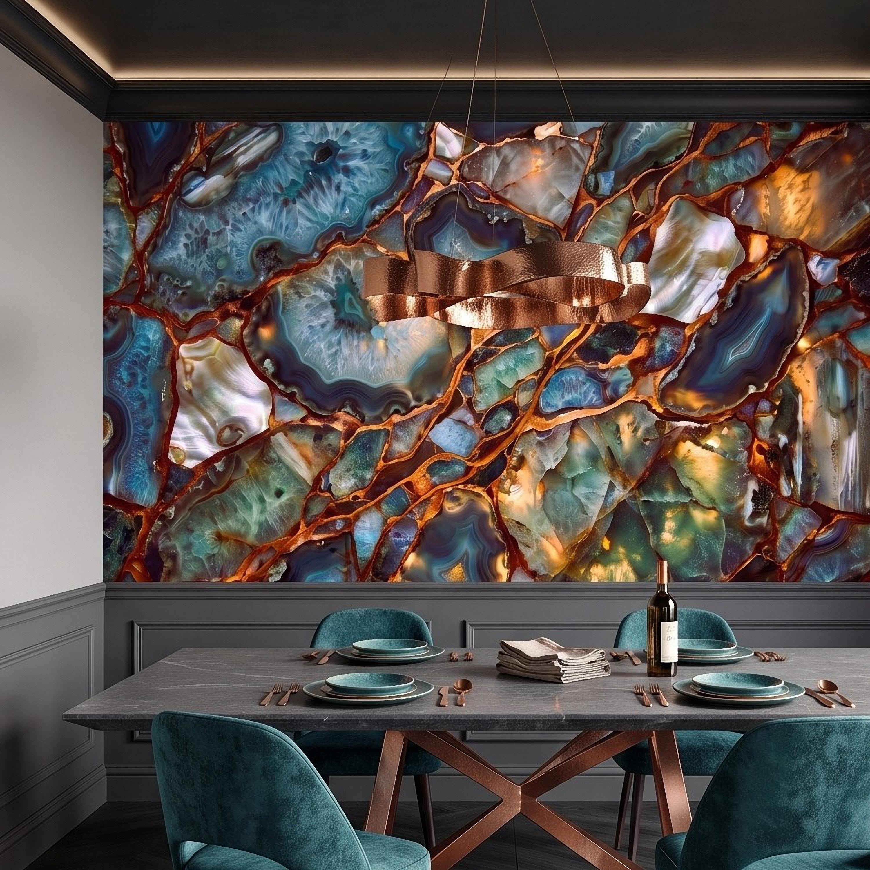 Blue Agate Geode Peel and Stick Wall Mural, Natural Stone Slice Mosaic Crystalline Mineral with Copper Veins Wallpaper