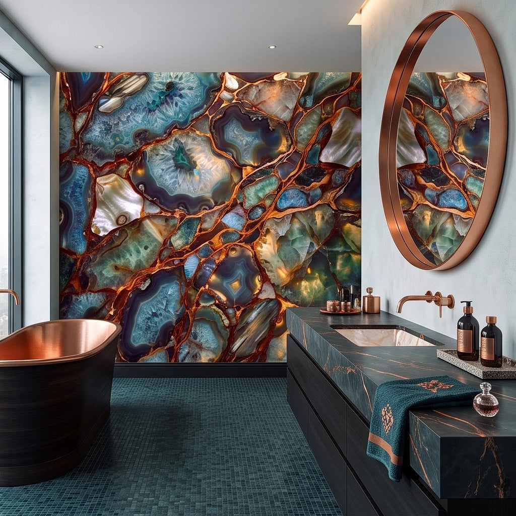 Blue Agate Geode Peel and Stick Wall Mural, Natural Stone Slice Mosaic Crystalline Mineral with Copper Veins Wallpaper