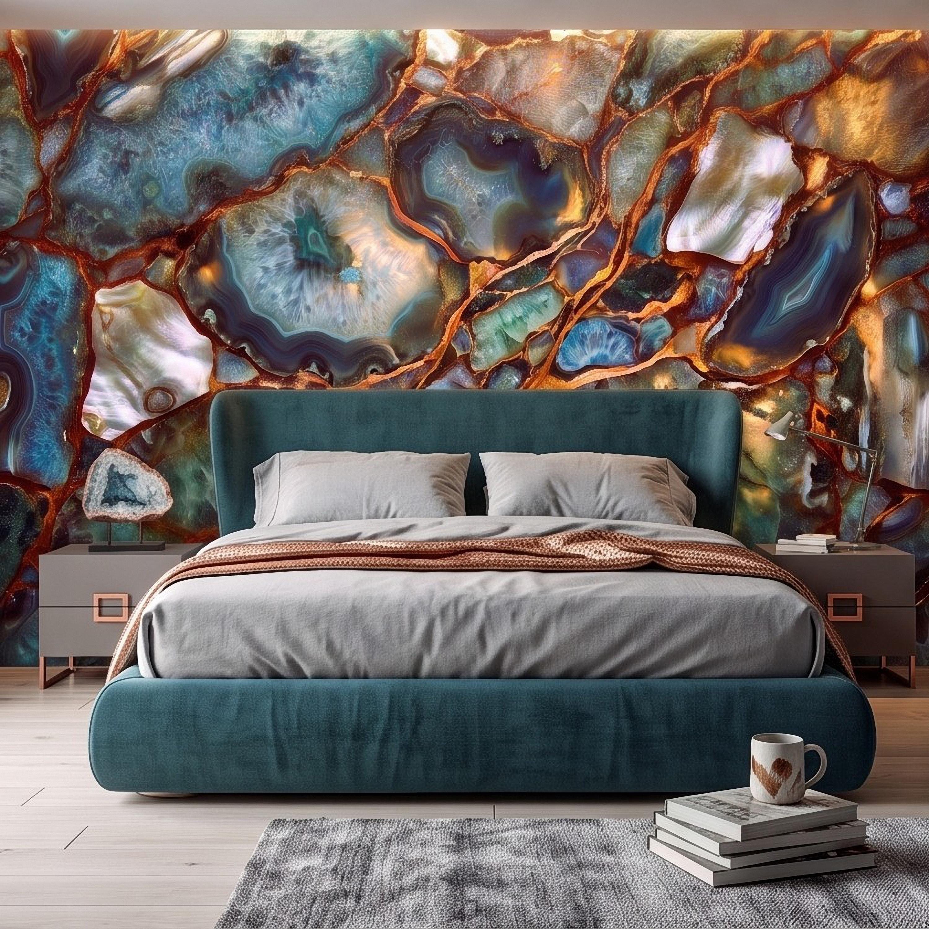 Blue Agate Geode Peel and Stick Wall Mural, Natural Stone Slice Mosaic Crystalline Mineral with Copper Veins Wallpaper