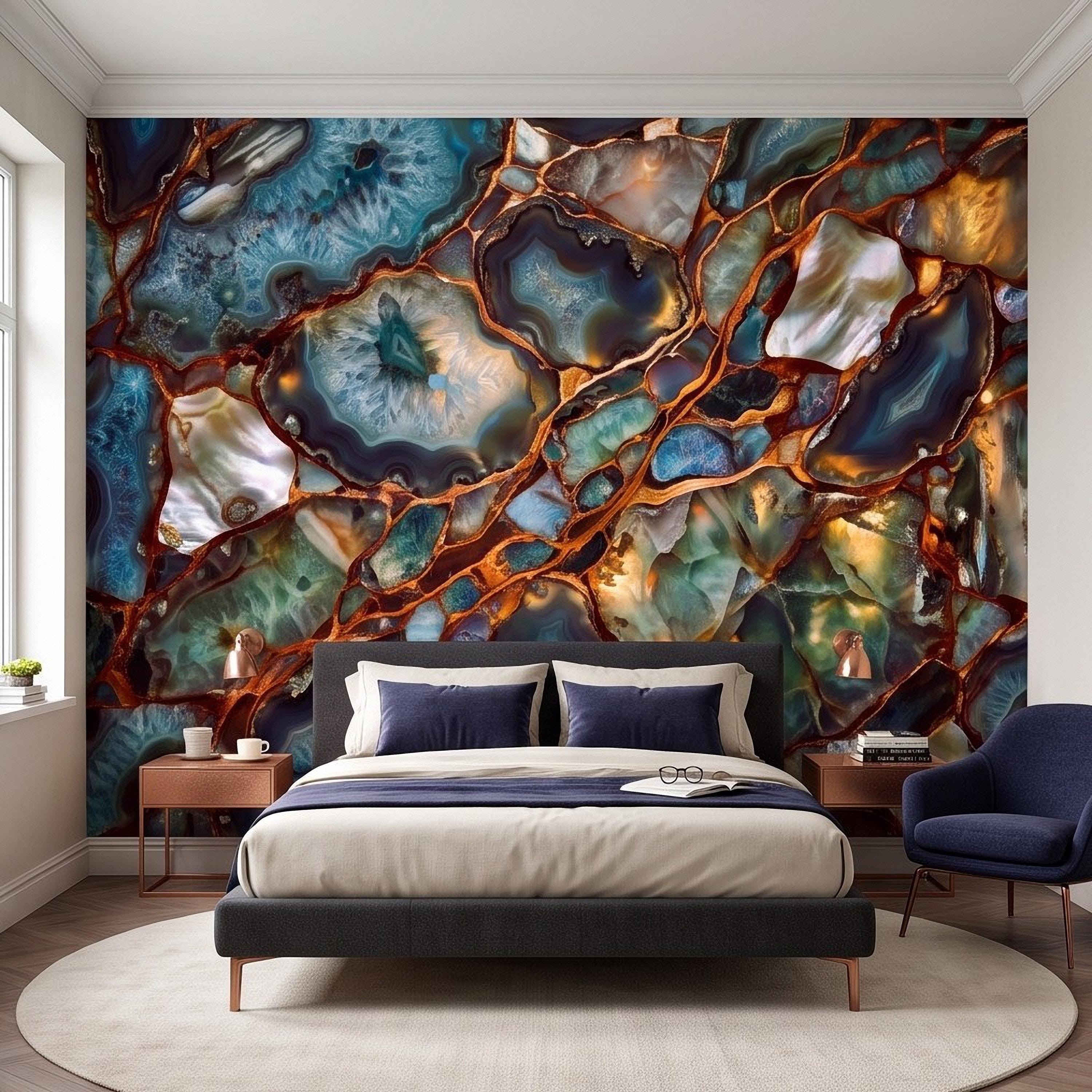 Blue Agate Geode Peel and Stick Wall Mural, Natural Stone Slice Mosaic Crystalline Mineral with Copper Veins Wallpaper