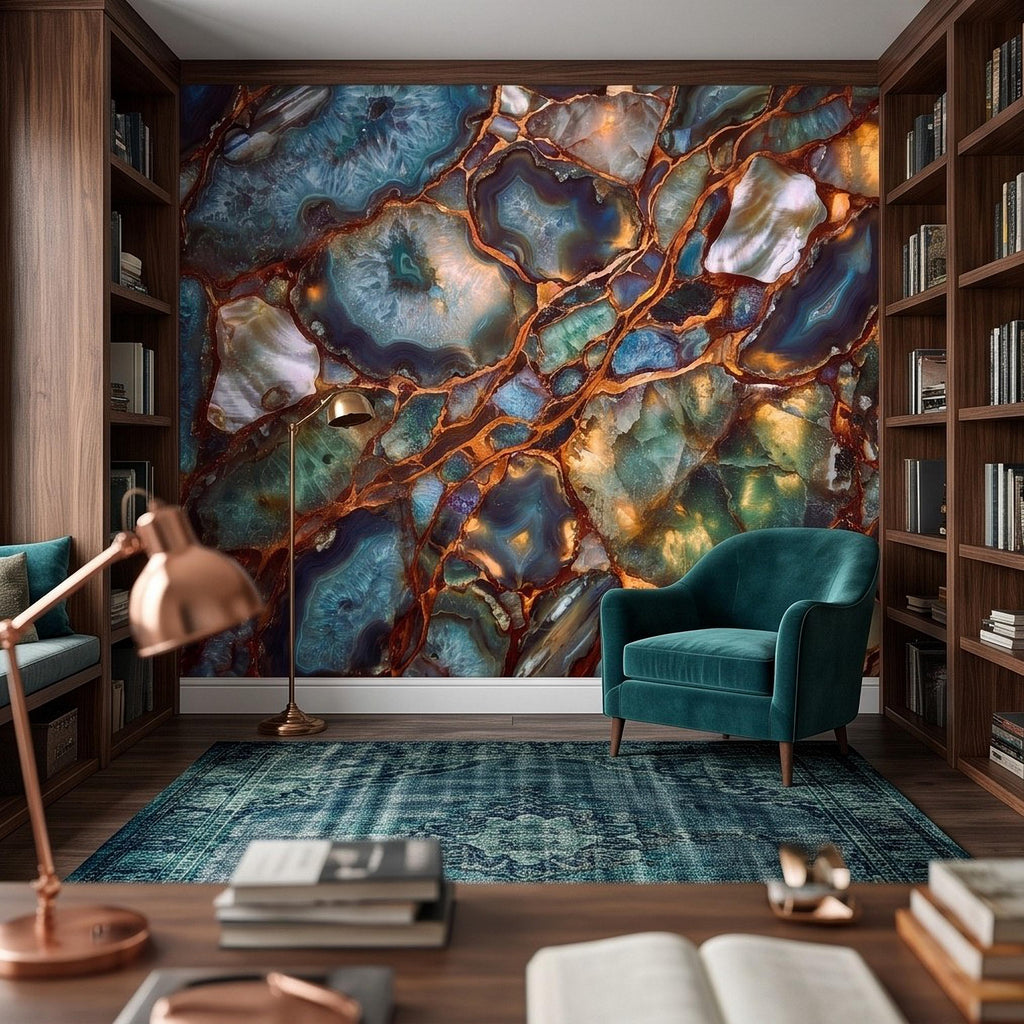 Blue Agate Geode Peel and Stick Wall Mural, Natural Stone Slice Mosaic Crystalline Mineral with Copper Veins Wallpaper