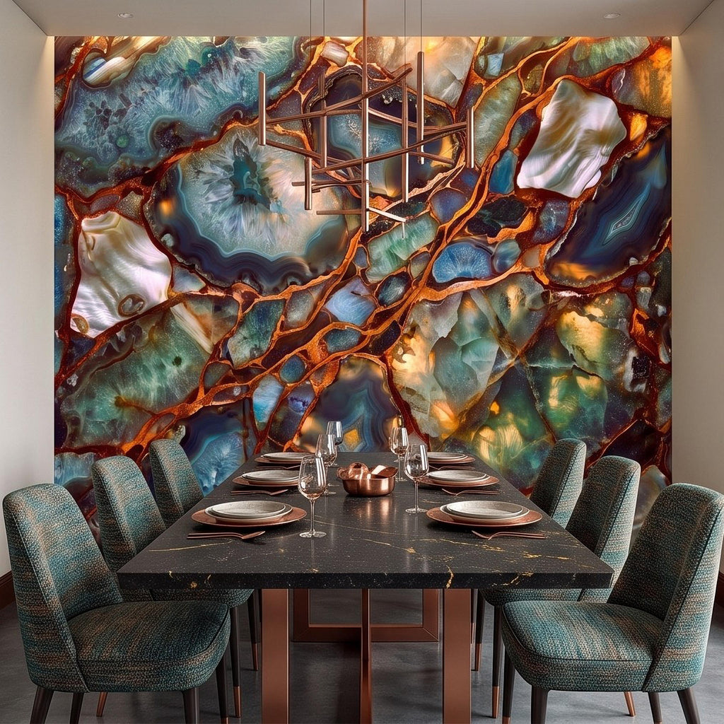 Blue Agate Geode Peel and Stick Wall Mural, Natural Stone Slice Mosaic Crystalline Mineral with Copper Veins Wallpaper