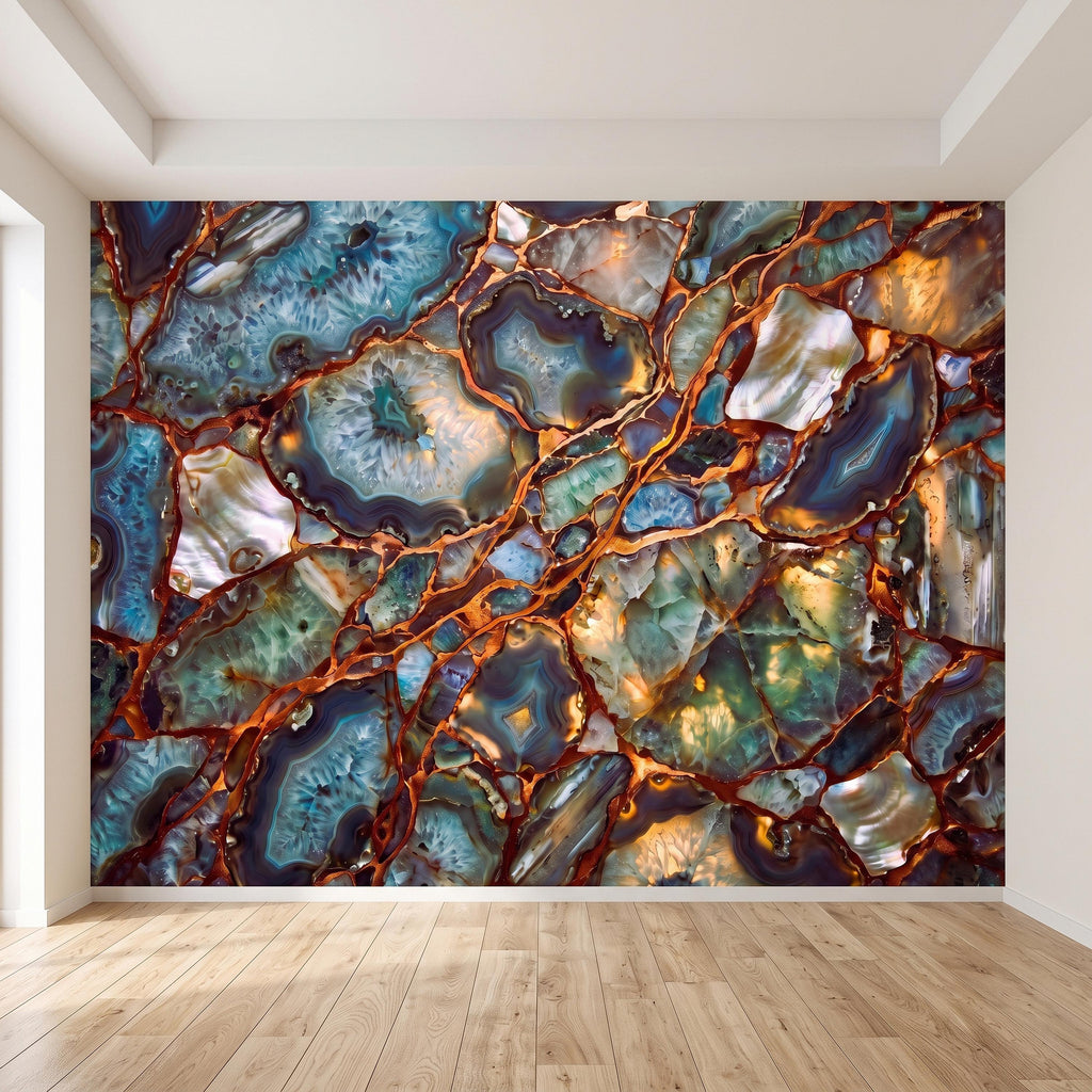 Blue Agate Geode Peel and Stick Wall Mural, Natural Stone Slice Mosaic Crystalline Mineral with Copper Veins Wallpaper