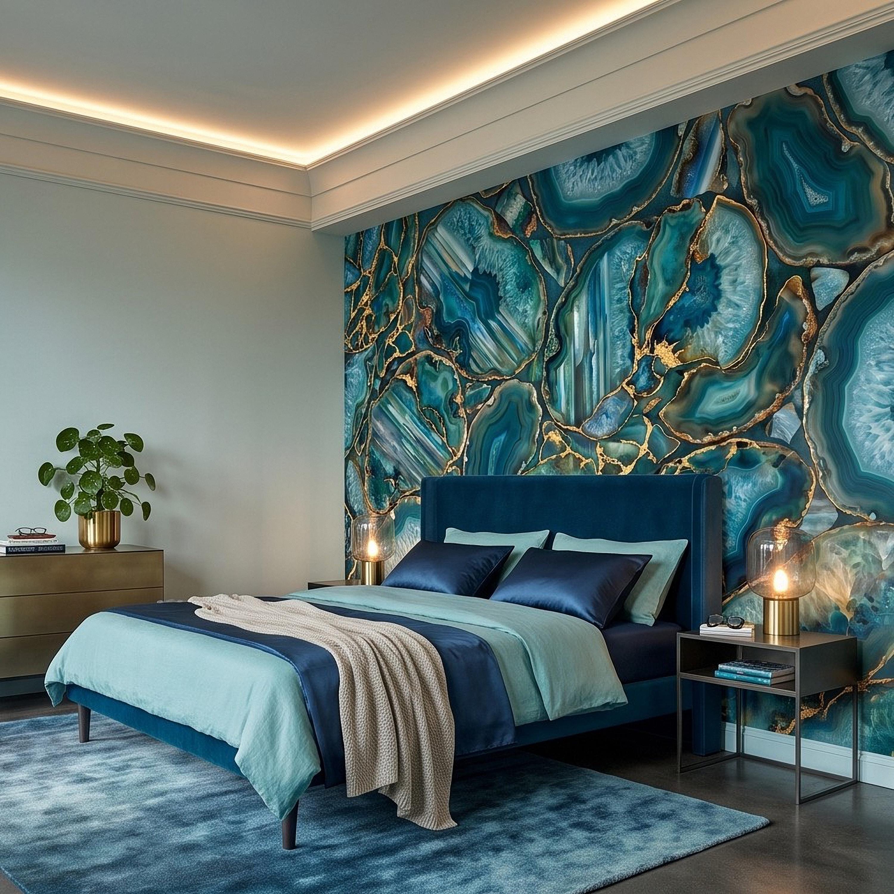Blue Green Agate Peel and Stick Wall Mural, Natural Stone Slice Mosaic Crystalline Mineral Formation Wallpaper