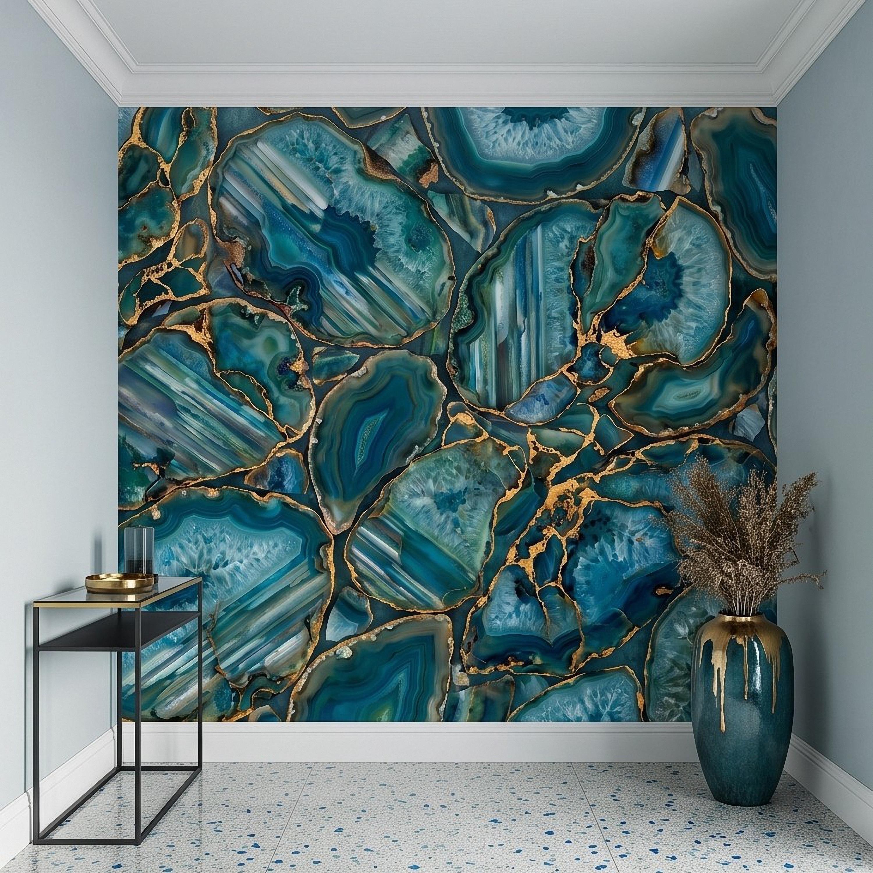 Blue Green Agate Peel and Stick Wall Mural, Natural Stone Slice Mosaic Crystalline Mineral Formation Wallpaper