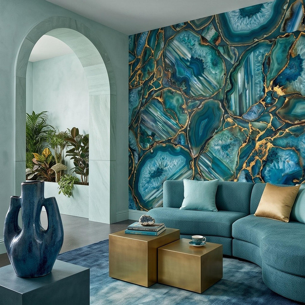 Blue Green Agate Peel and Stick Wall Mural, Natural Stone Slice Mosaic Crystalline Mineral Formation Wallpaper