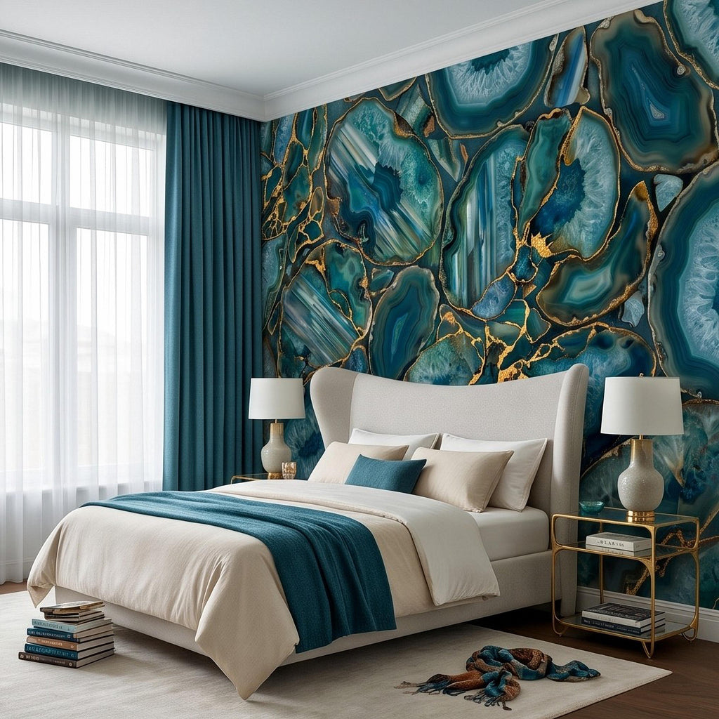 Blue Green Agate Peel and Stick Wall Mural, Natural Stone Slice Mosaic Crystalline Mineral Formation Wallpaper