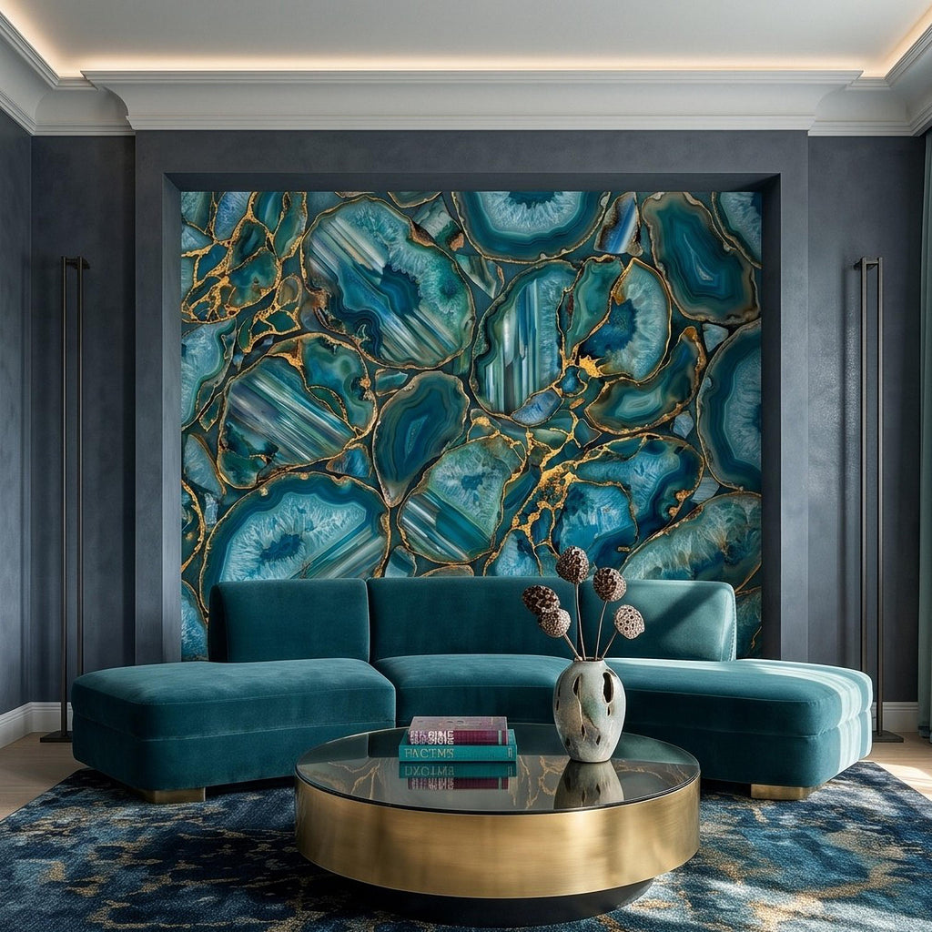 Blue Green Agate Peel and Stick Wall Mural, Natural Stone Slice Mosaic Crystalline Mineral Formation Wallpaper