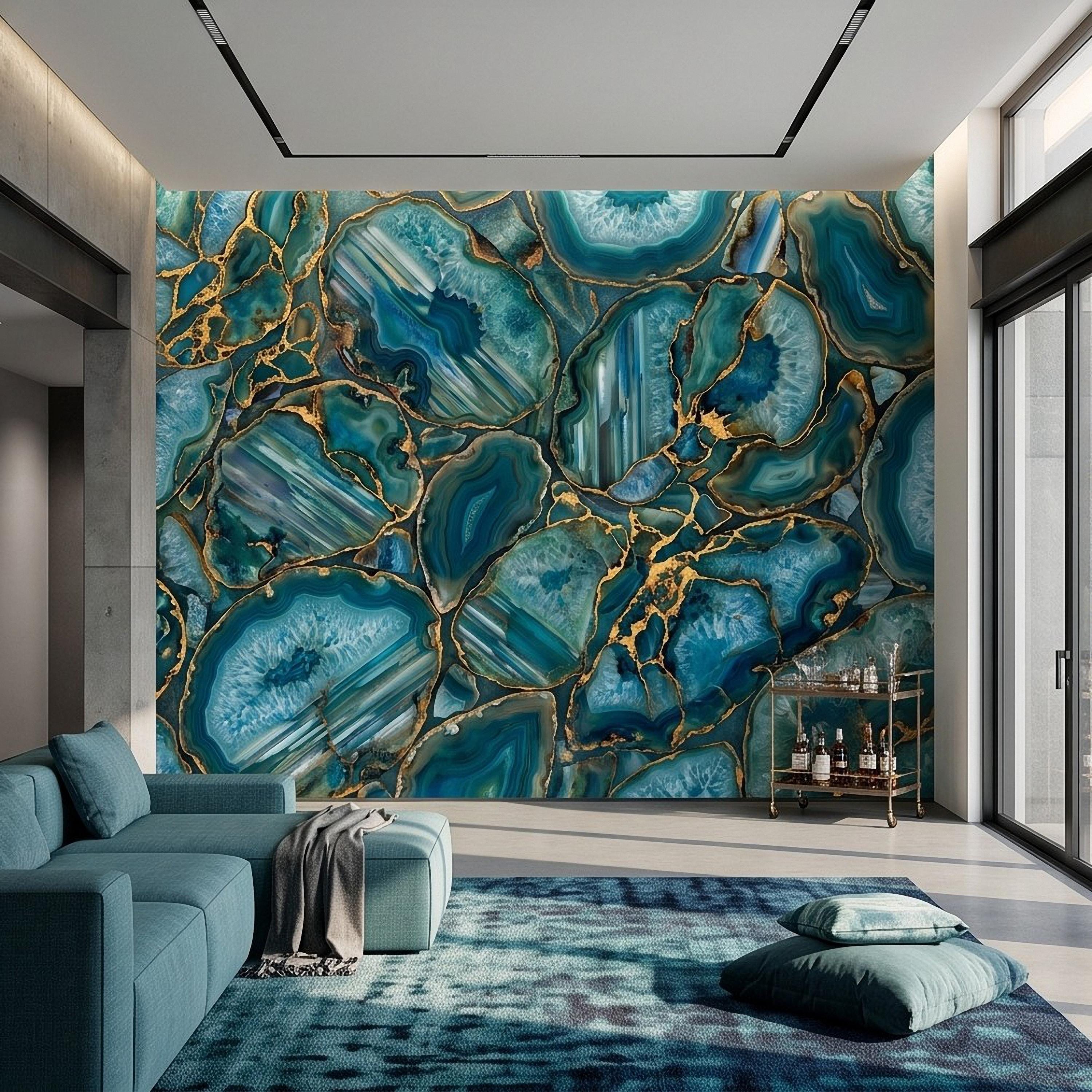 Blue Green Agate Peel and Stick Wall Mural, Natural Stone Slice Mosaic Crystalline Mineral Formation Wallpaper