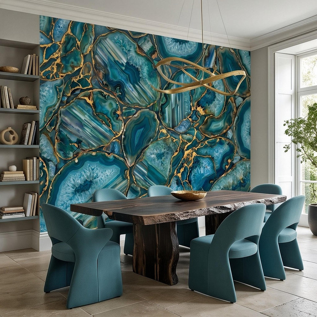 Blue Green Agate Peel and Stick Wall Mural, Natural Stone Slice Mosaic Crystalline Mineral Formation Wallpaper