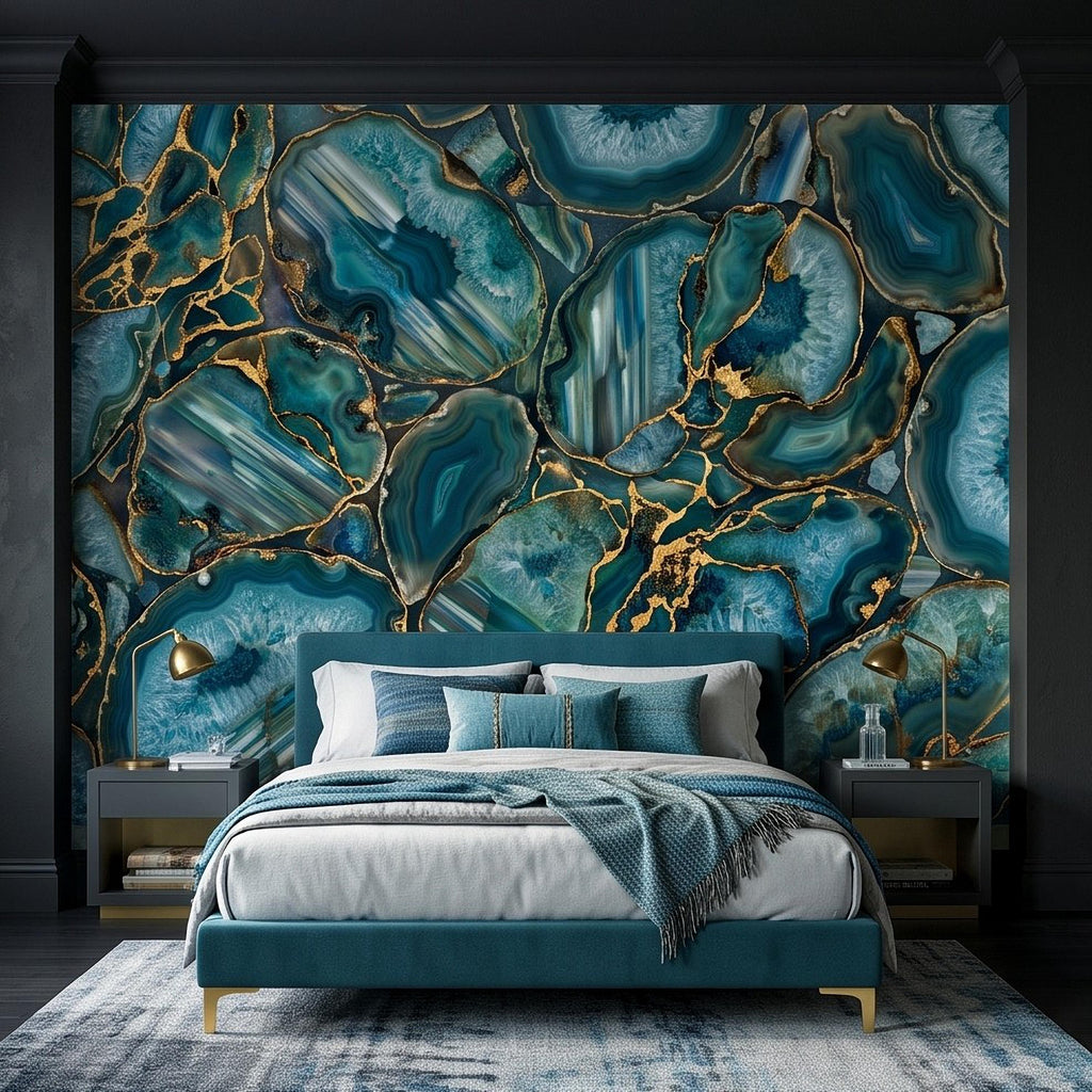Blue Green Agate Peel and Stick Wall Mural, Natural Stone Slice Mosaic Crystalline Mineral Formation Wallpaper