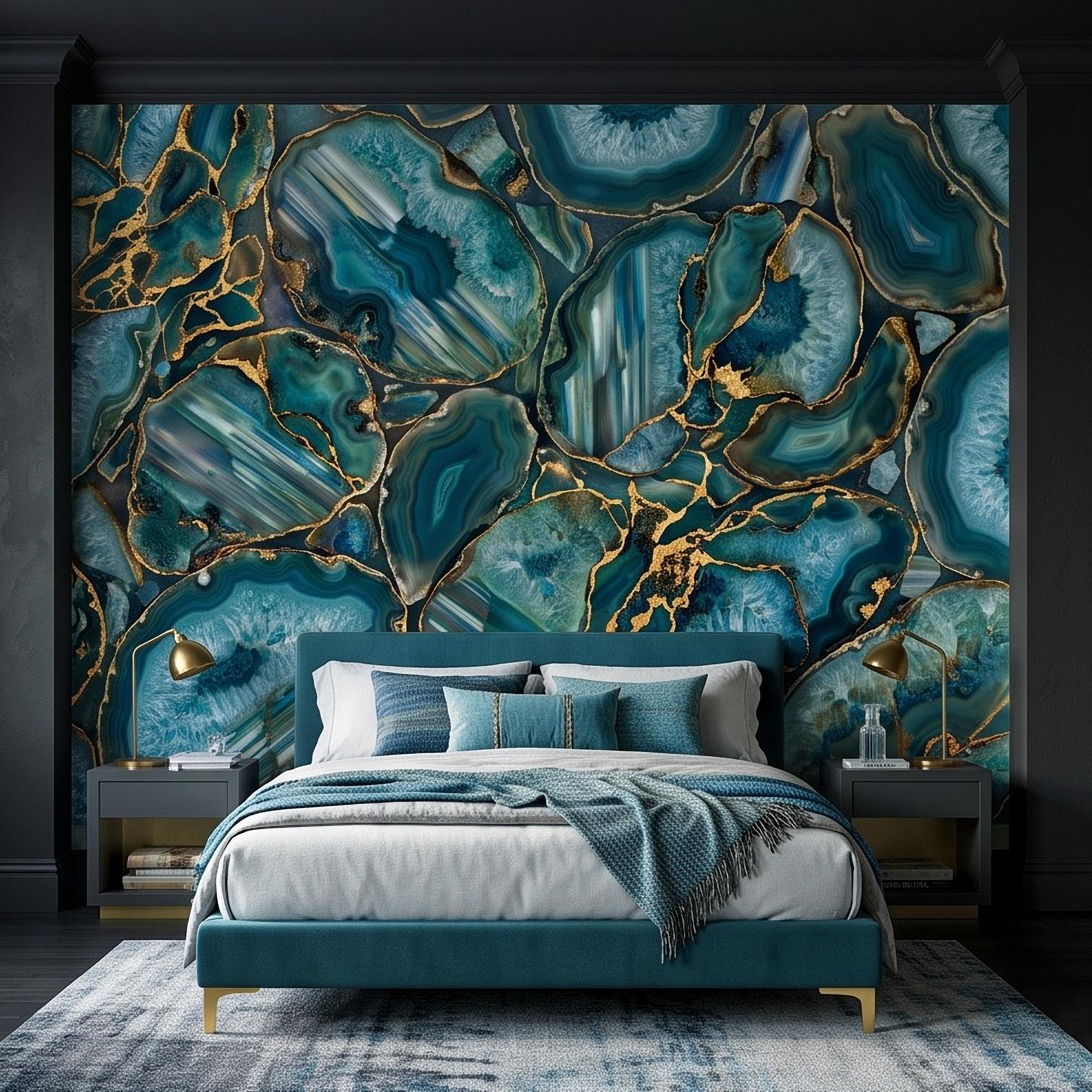 Blue Green Agate Peel and Stick Wall Mural, Natural Stone Slice Mosaic Crystalline Mineral Formation Wallpaper