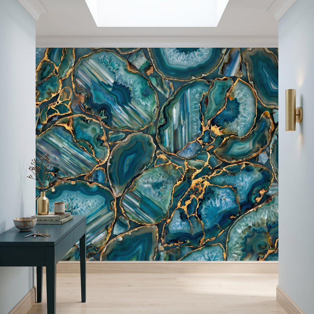Blue Green Agate Peel and Stick Wall Mural, Natural Stone Slice Mosaic Crystalline Mineral Formation Wallpaper