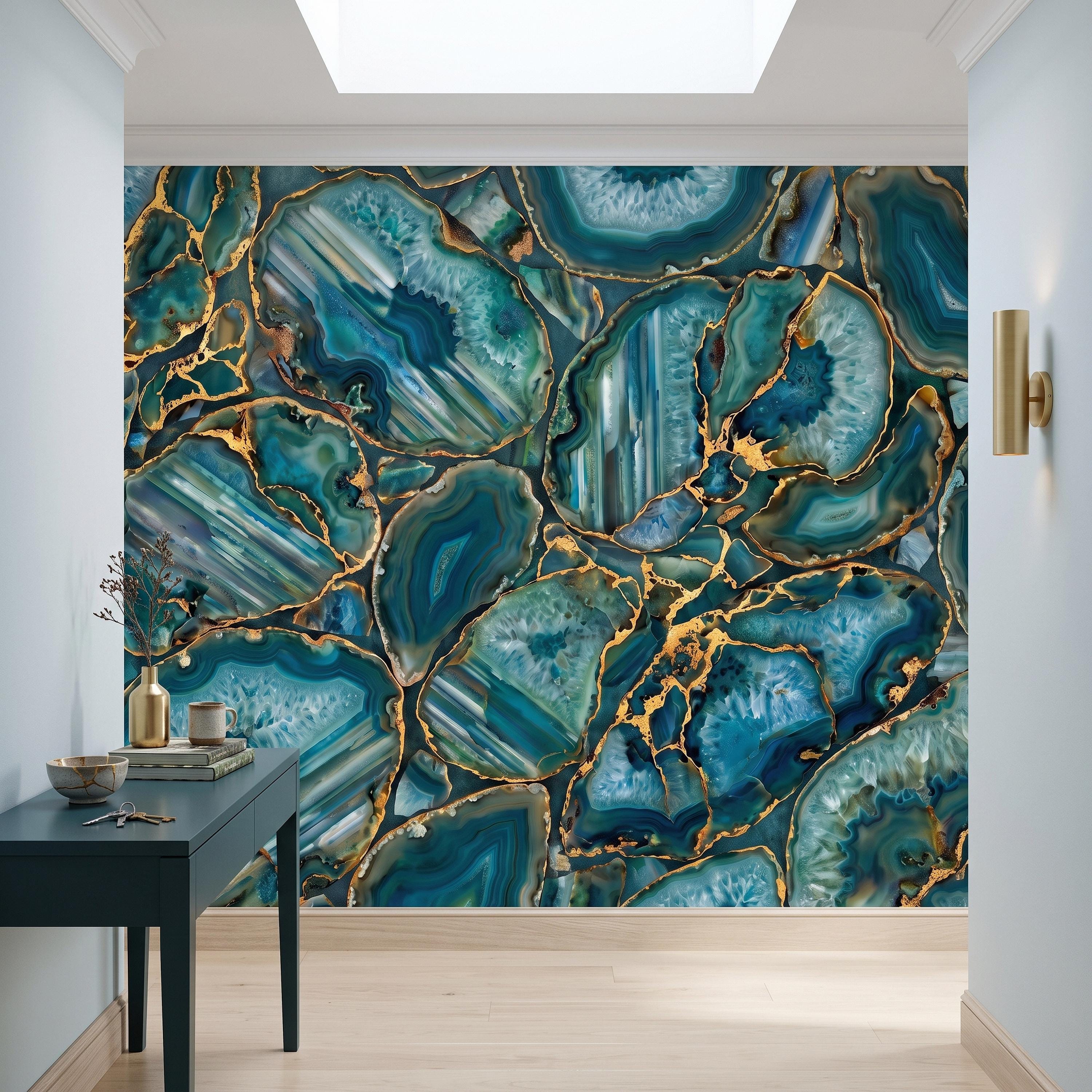 Blue Green Agate Peel and Stick Wall Mural, Natural Stone Slice Mosaic Crystalline Mineral Formation Wallpaper